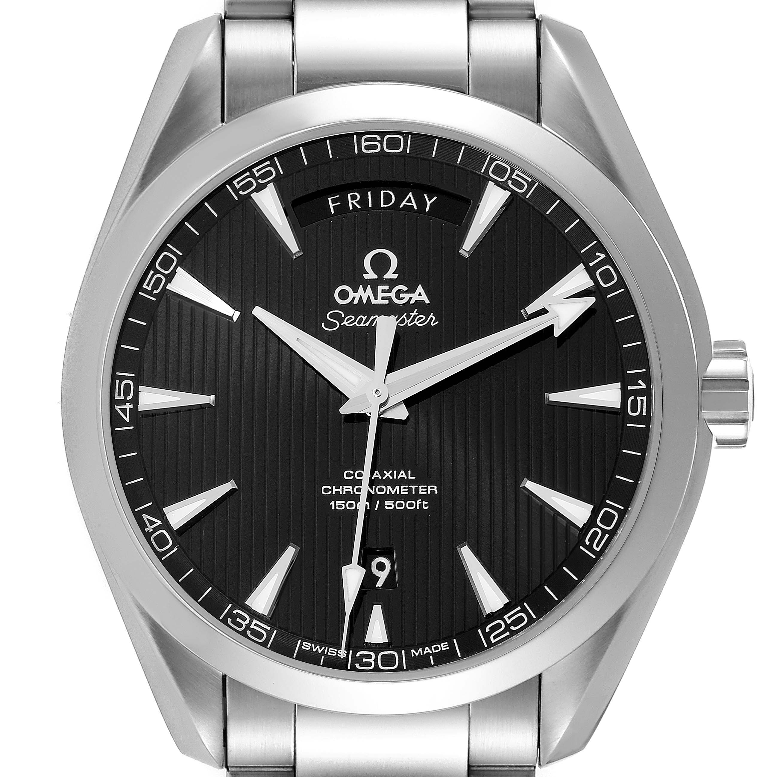 The image shows a front view of the Omega Aqua Terra 231.10.42.22.01.001 Men's Stainless Steel Black Dial 231.10.42.22.01.001 Men's Stainless Steel Black Dial watch, highlighting its dial, hour markers, hands, bezel, and part of the bracelet.