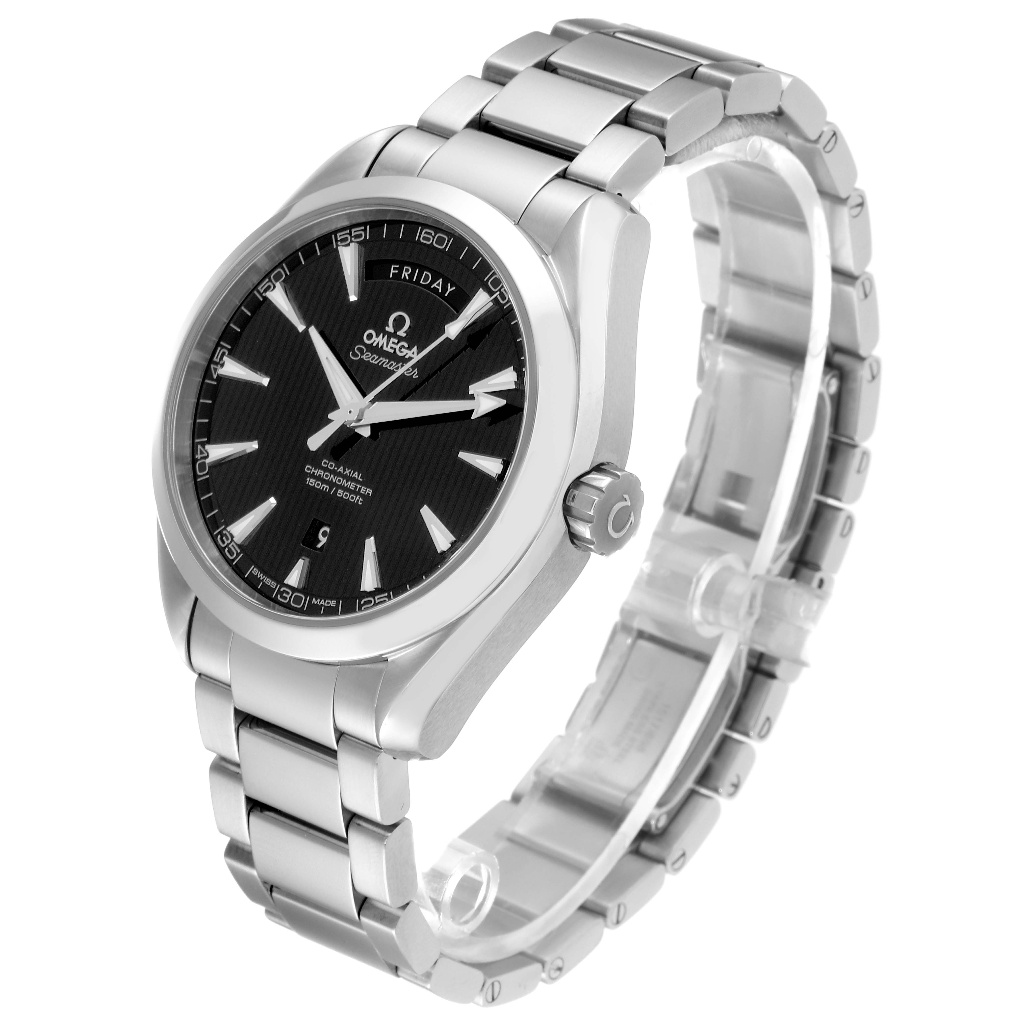 The image shows a side angle of the Omega Aqua Terra 231.10.42.22.01.001 Men's Stainless Steel Black Dial 231.10.42.22.01.001 Men's Stainless Steel Black Dial watch, highlighting the face, bezel, crown, and stainless steel bracelet.