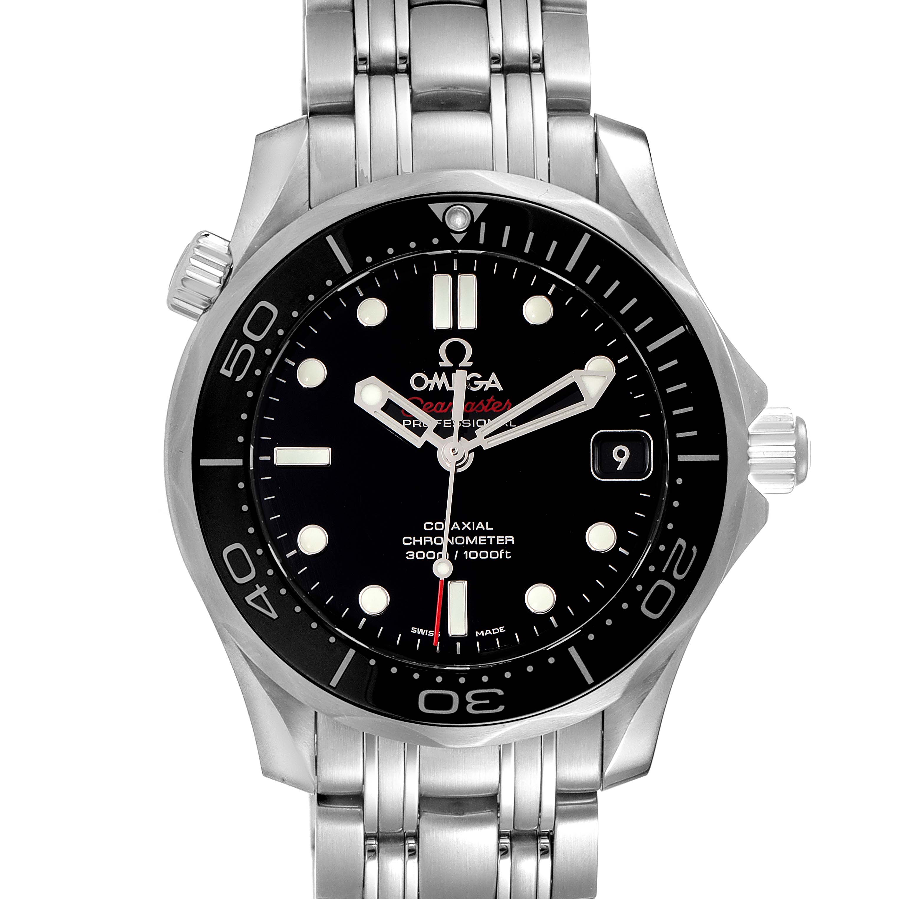 The image shows a front view of the Omega Seamaster 212.30.36.20.01.002 Men
s Stainless Steel Black Dial 212.30.36.20.01.002 Men
s Stainless Steel Black Dial watch, displaying its dial, bezel, and bracelet.