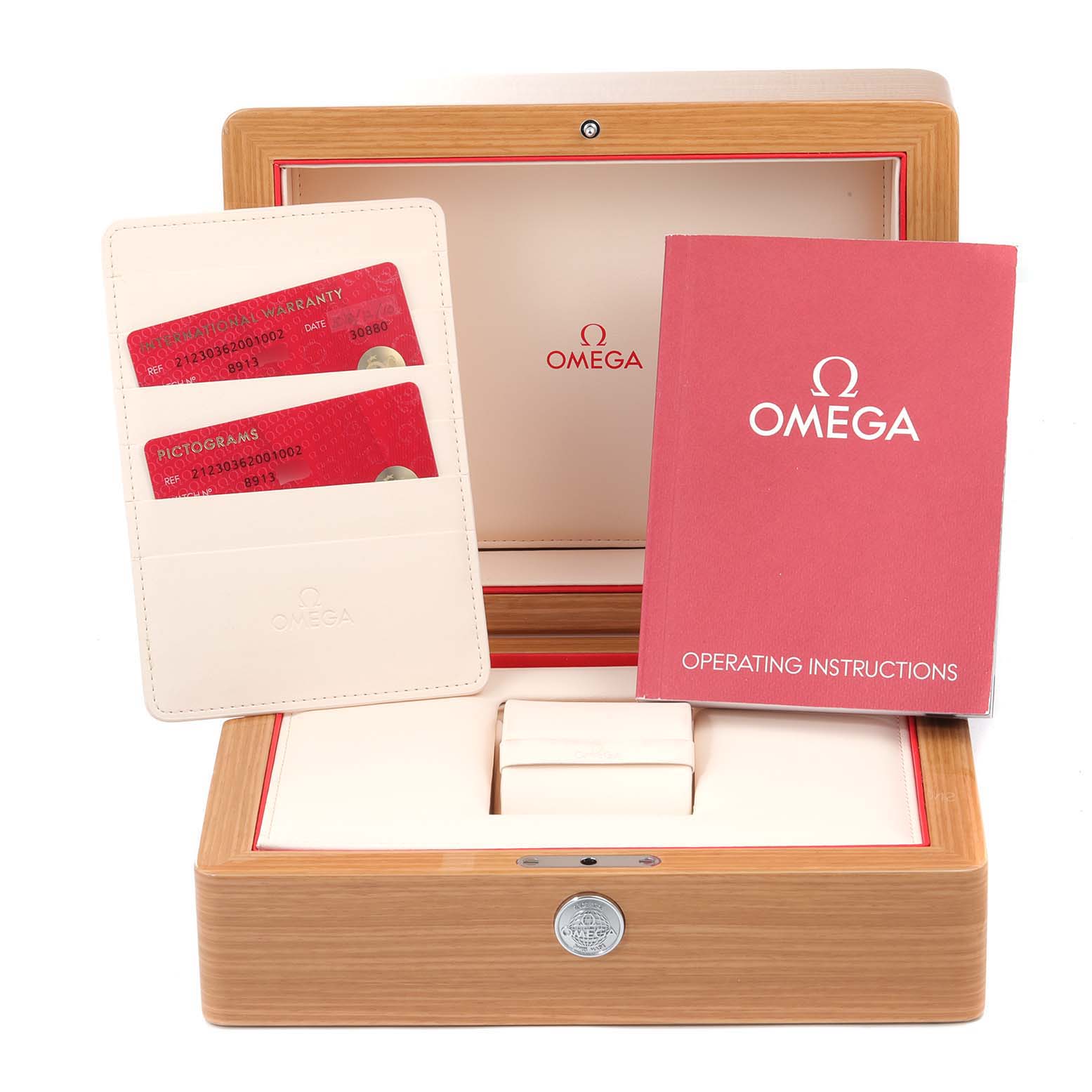 The image shows an Omega Seamaster 212.30.36.20.01.002 Men
s Stainless Steel Black Dial 212.30.36.20.01.002 Men
s Stainless Steel Black Dial watch box, warranty cards, and operating instructions from a front angle.