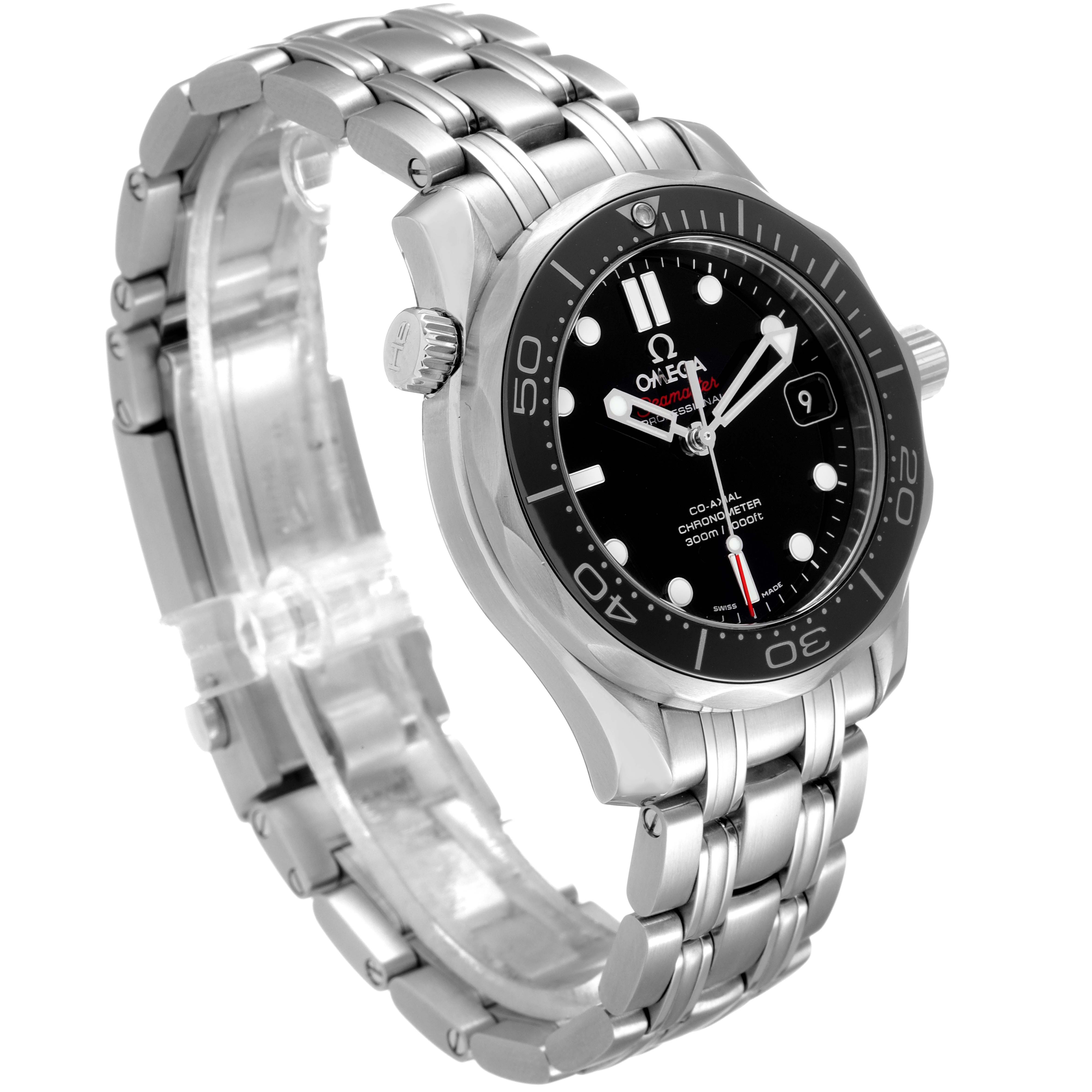 The Omega Seamaster 212.30.36.20.01.002 Men
s Stainless Steel Black Dial 212.30.36.20.01.002 Men
s Stainless Steel Black Dial watch is shown at a three-quarter angle, highlighting the face, bezel, crown, and stainless steel bracelet.