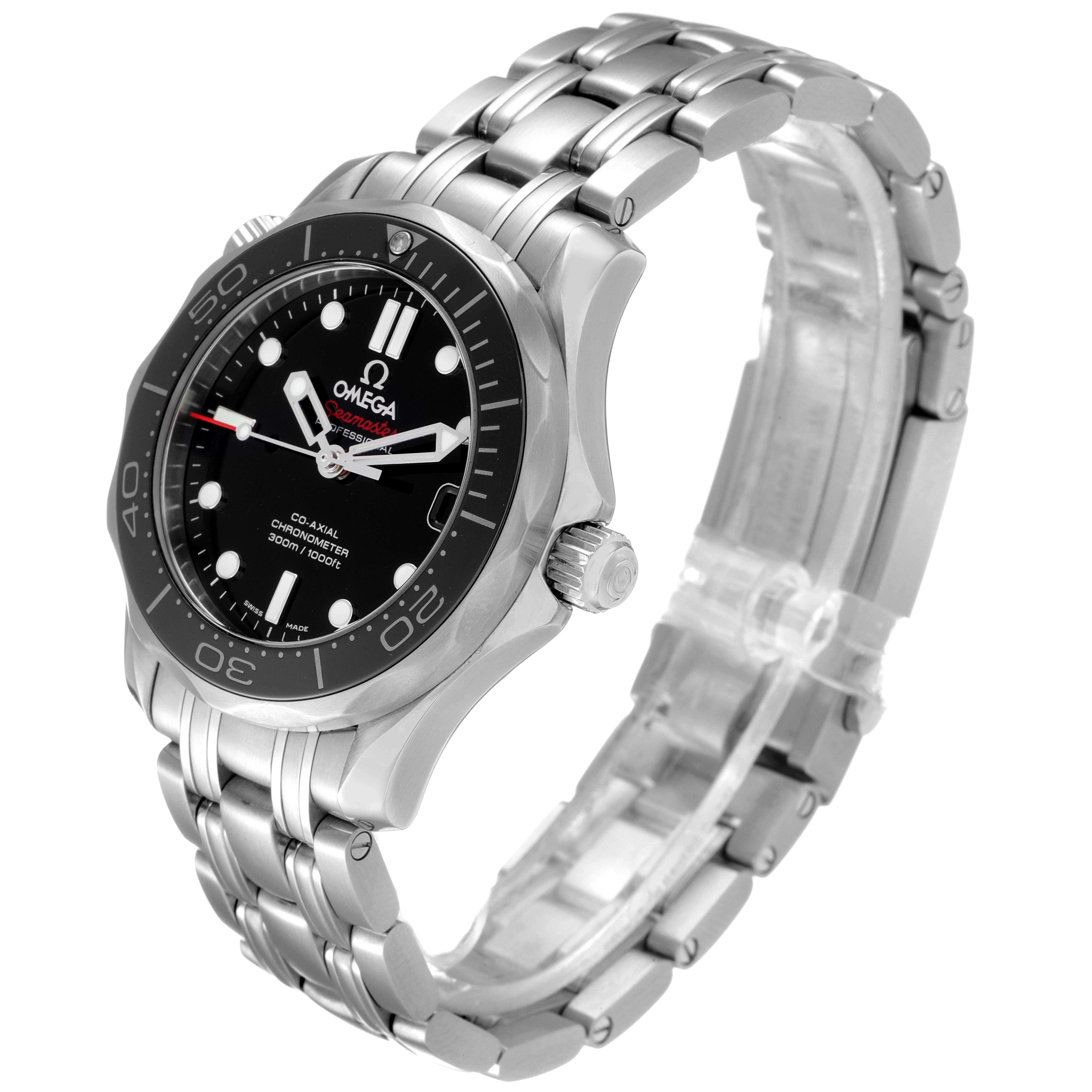 The image shows an angled view of an Omega Seamaster 212.30.36.20.01.002 Men
s Stainless Steel Black Dial 212.30.36.20.01.002 Men
s Stainless Steel Black Dial watch, displaying its face, bezel, crown, and metal bracelet.