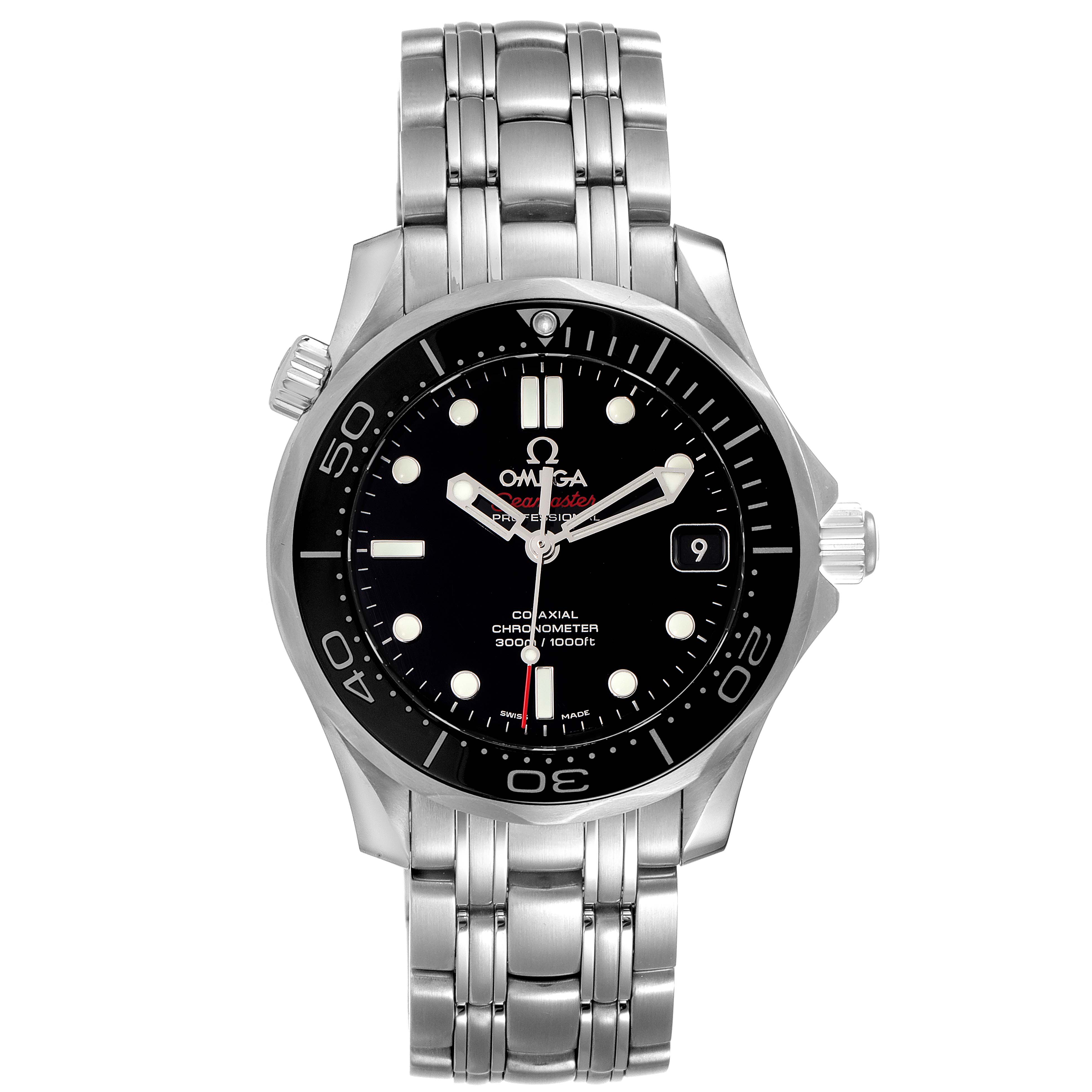 The image shows a front view of the Omega Seamaster 212.30.36.20.01.002 Men
s Stainless Steel Black Dial 212.30.36.20.01.002 Men
s Stainless Steel Black Dial watch, displaying the stainless steel bracelet and black dial with luminescent markers.