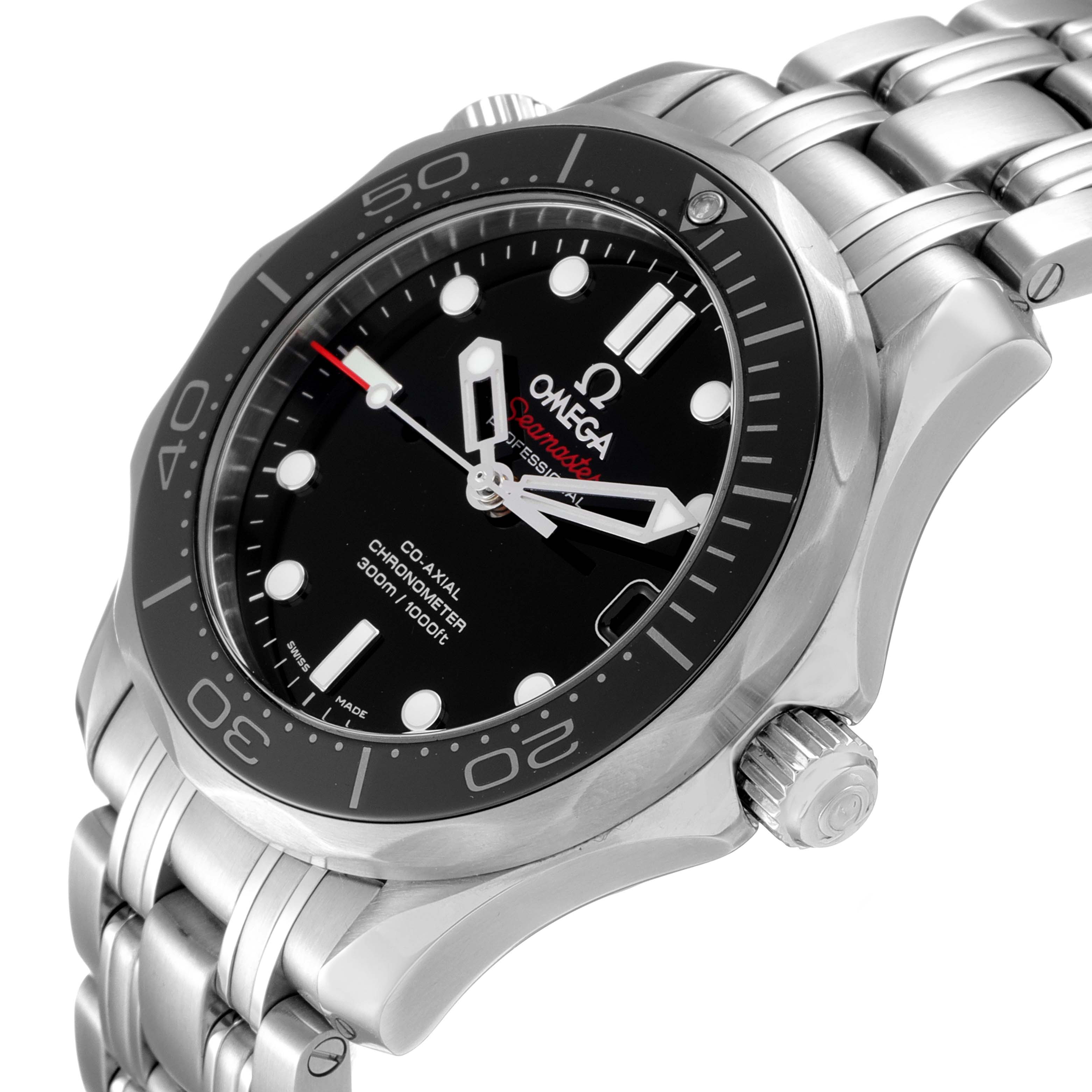 The image shows an angled view of the Omega Seamaster 212.30.36.20.01.002 Men
s Stainless Steel Black Dial 212.30.36.20.01.002 Men
s Stainless Steel Black Dial wristwatch, highlighting the face, bezel, and bracelet.