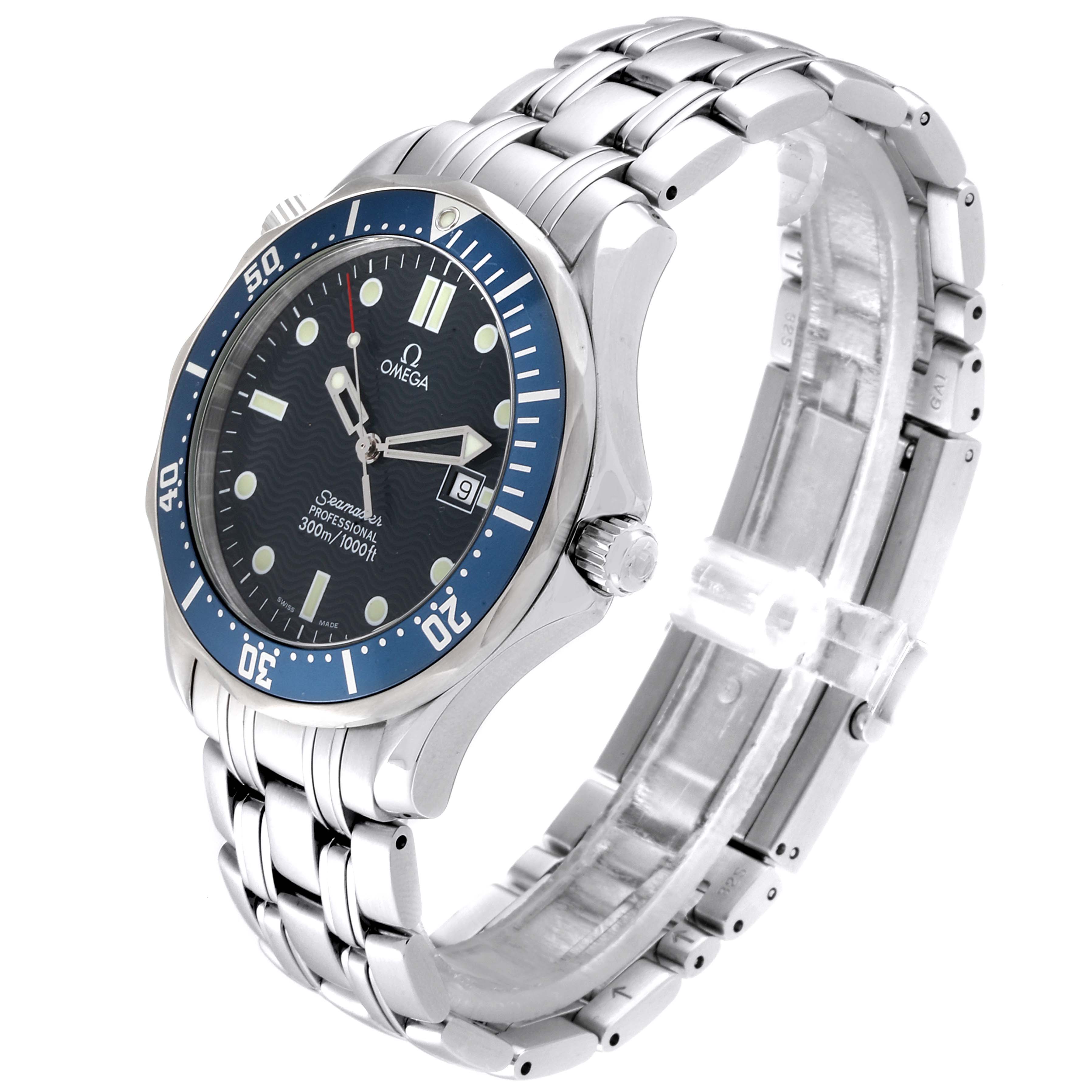 The Omega Seamaster 2541.80.00 Men
s Stainless Steel Blue Dial 2541.80.00 Men
s Stainless Steel Blue Dial watch is shown at an angled view, highlighting its blue dial, bezel, and metal bracelet.