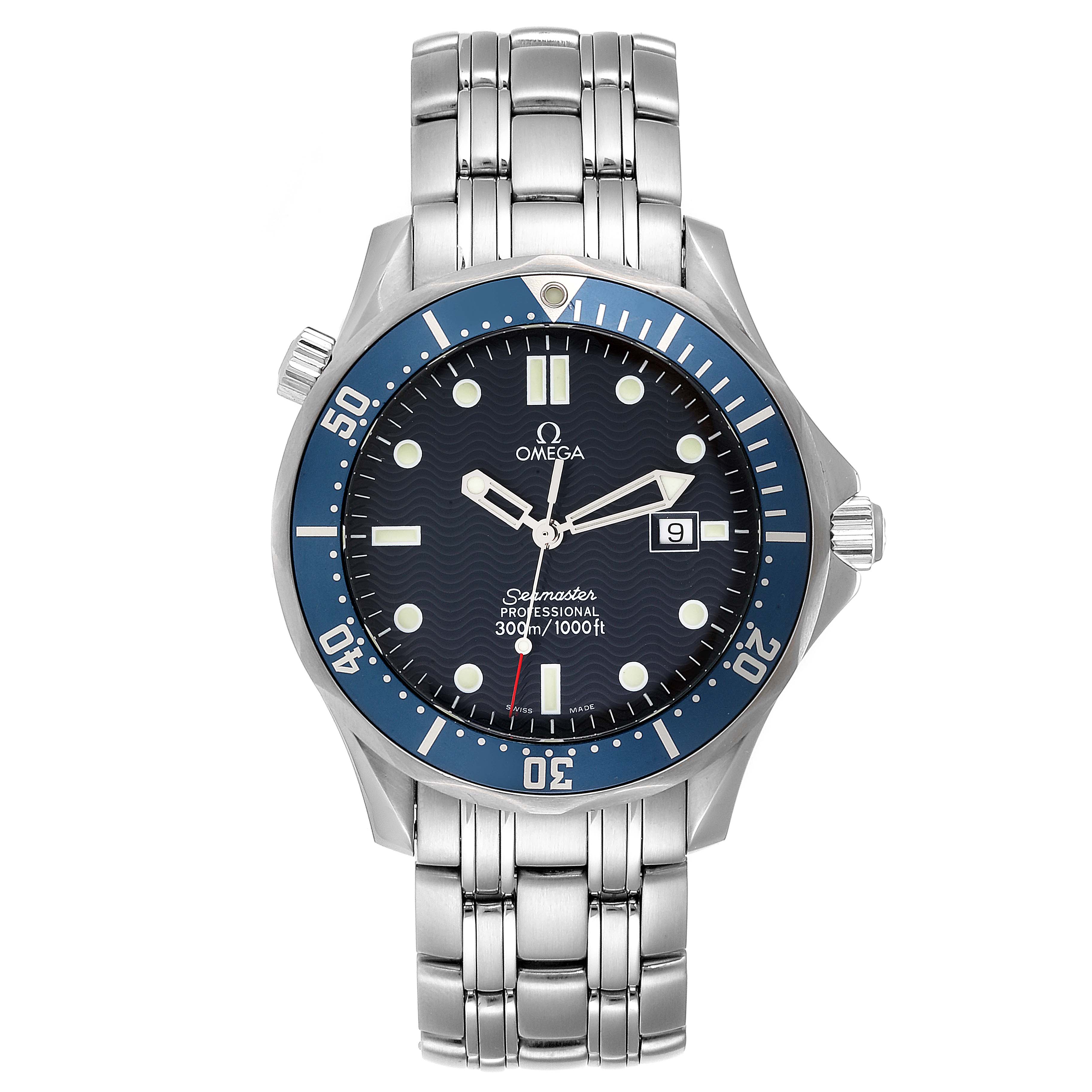 This image shows a front view of the Omega Seamaster 2541.80.00 Men
s Stainless Steel Blue Dial 2541.80.00 Men
s Stainless Steel Blue Dial model watch, featuring its dial, bezel, and bracelet.
