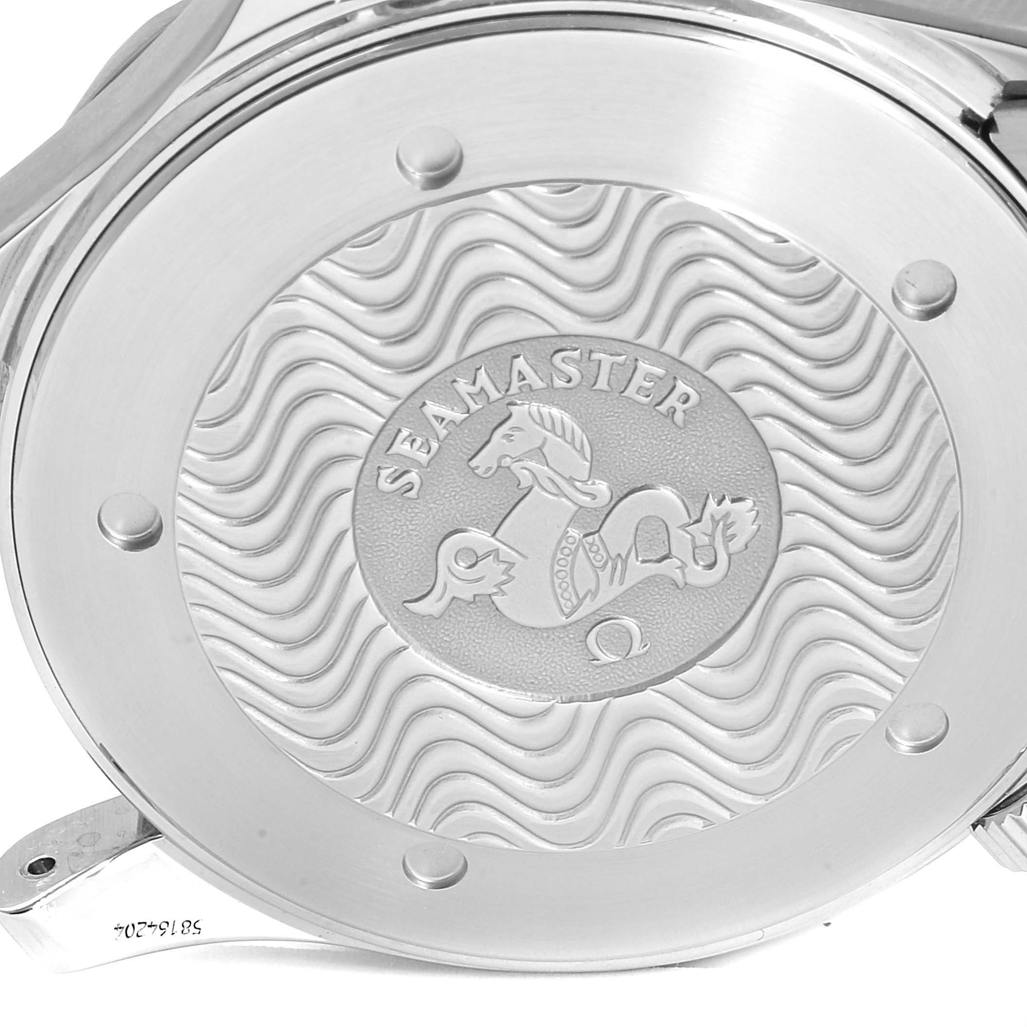 The image shows the embossed case back of the Omega Seamaster 2541.80.00 Men
s Stainless Steel Blue Dial 2541.80.00 Men
s Stainless Steel Blue Dial watch.