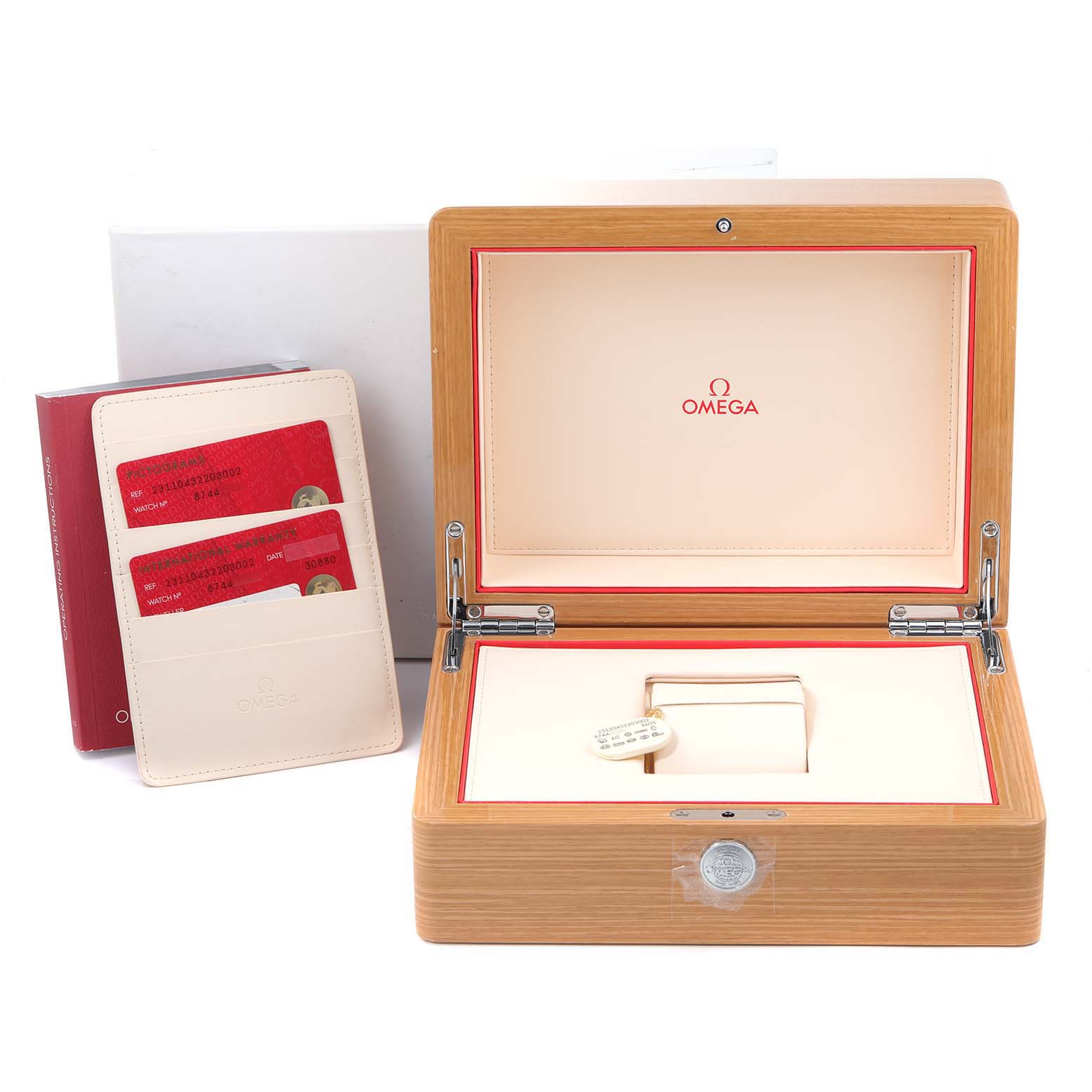 The image shows an Omega Aqua Terra 231.10.43.22.03.002 Men's Stainless Steel Blue Dial 231.10.43.22.03.002 Men's Stainless Steel Blue Dial watch box and accessories, including warranty cards and a case for the watch.