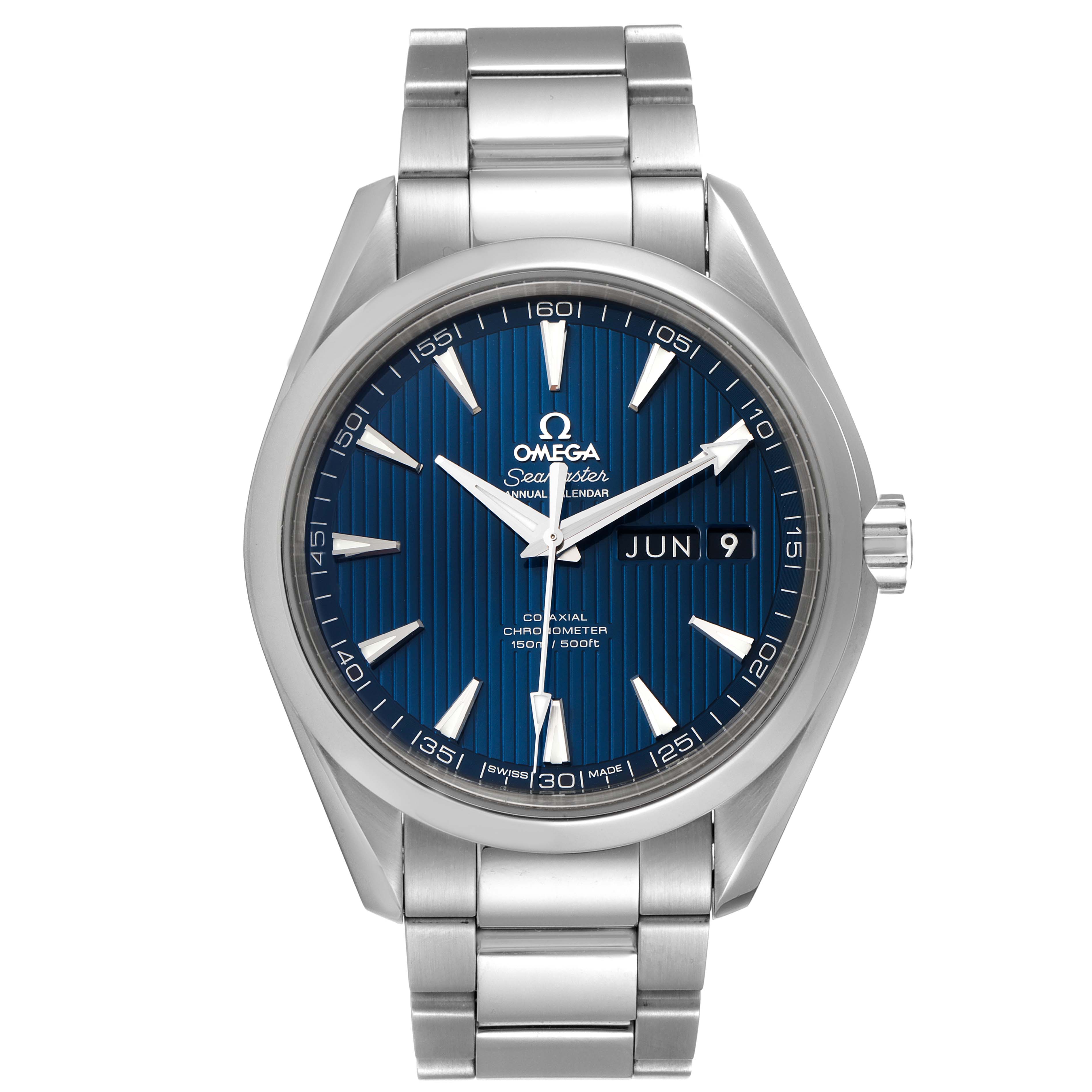 This image shows a front view of the Omega Aqua Terra 231.10.43.22.03.002 Men's Stainless Steel Blue Dial 231.10.43.22.03.002 Men's Stainless Steel Blue Dial model, highlighting its blue dial, date display, and stainless steel bracelet.