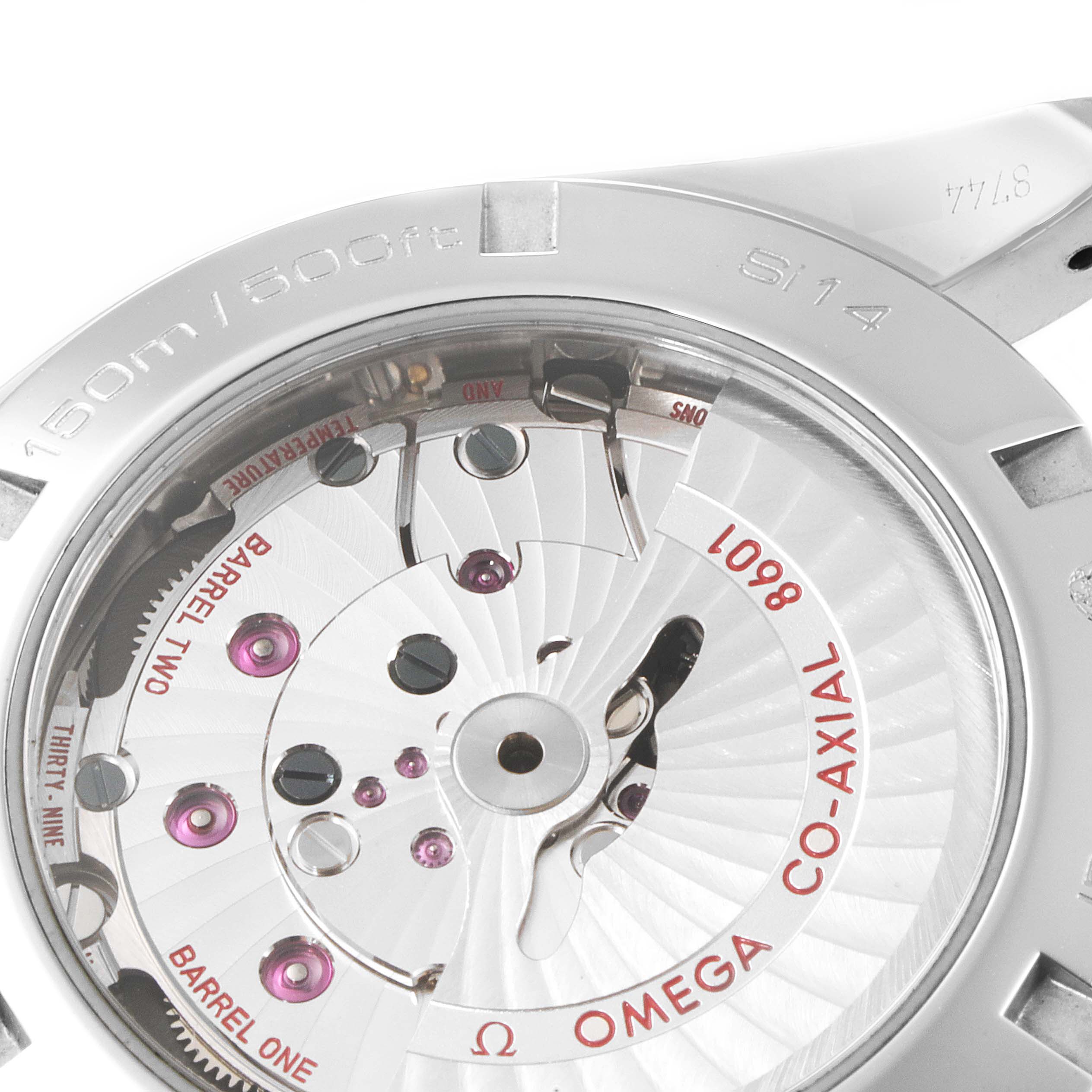 This image shows the case back of the Omega Aqua Terra 231.10.43.22.03.002 Men's Stainless Steel Blue Dial 231.10.43.22.03.002 Men's Stainless Steel Blue Dial watch, highlighting the internal mechanics and CO-AXIAL movement.