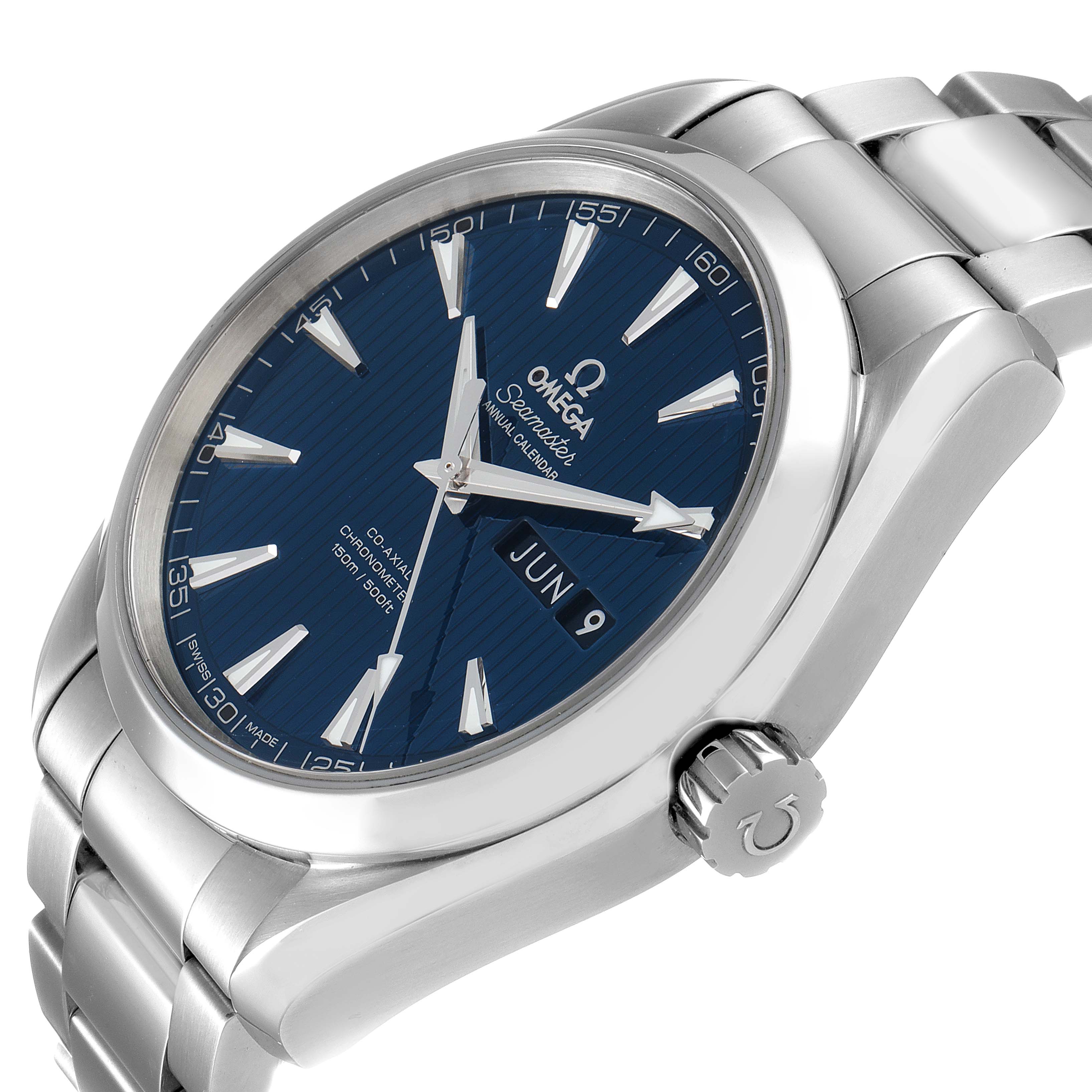 The Omega Aqua Terra 231.10.43.22.03.002 Men's Stainless Steel Blue Dial 231.10.43.22.03.002 Men's Stainless Steel Blue Dial watch is shown at an angle displaying the face, crown, and part of the bracelet.