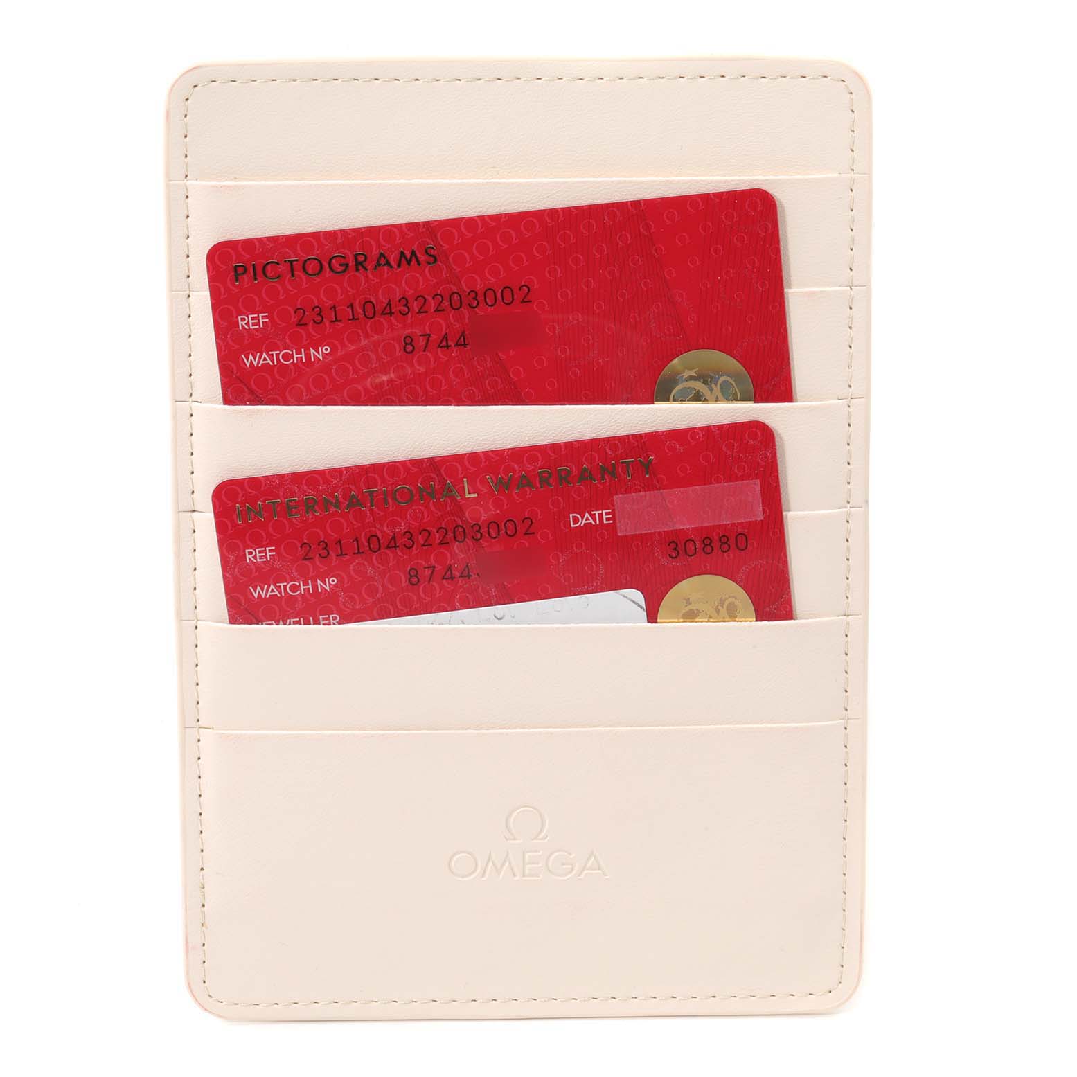 This image shows two red identification and warranty cards for the Omega Aqua Terra 231.10.43.22.03.002 Men's Stainless Steel Blue Dial 231.10.43.22.03.002 Men's Stainless Steel Blue Dial watch stored in a white Omega cardholder.