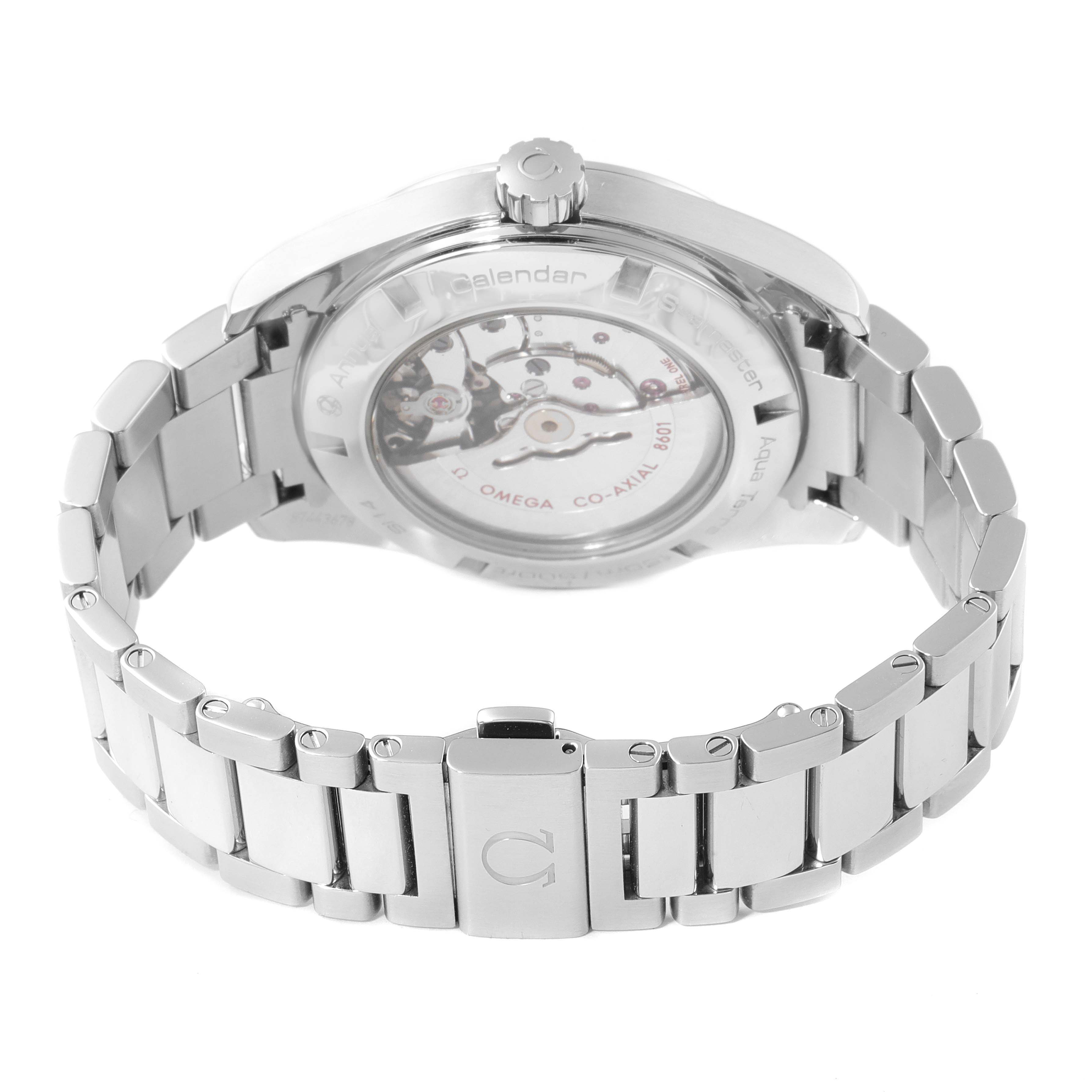 The image shows the Omega Aqua Terra 231.10.43.22.03.002 Men's Stainless Steel Blue Dial 231.10.43.22.03.002 Men's Stainless Steel Blue Dial watch from the back, highlighting its stainless steel bracelet and exposed movement through a transparent case back.