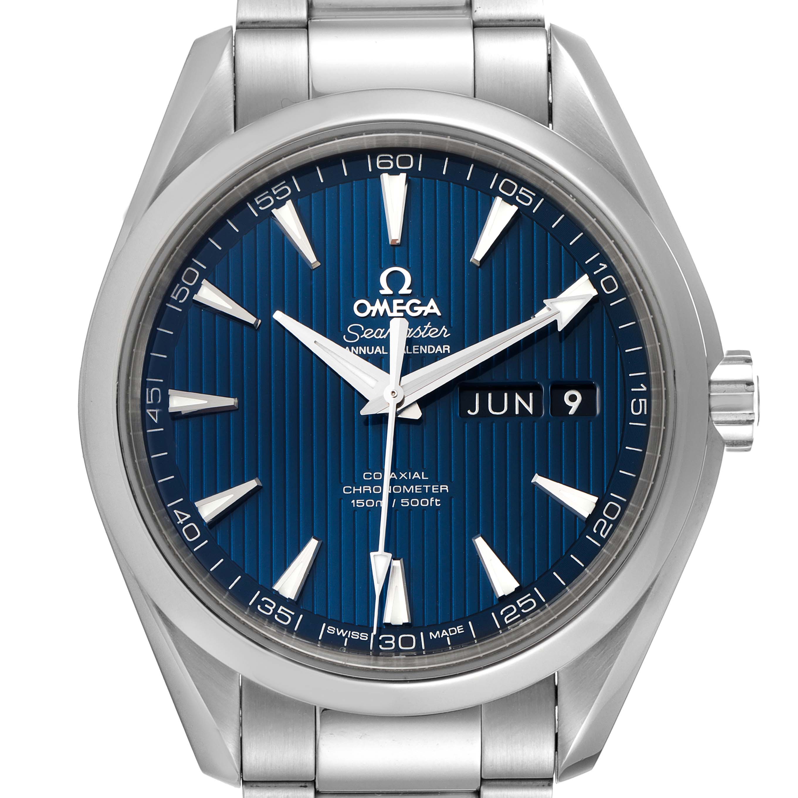 The image shows a front view of the Omega Aqua Terra 231.10.43.22.03.002 Men's Stainless Steel Blue Dial 231.10.43.22.03.002 Men's Stainless Steel Blue Dial watch, highlighting its blue dial, date window, and stainless steel bracelet.