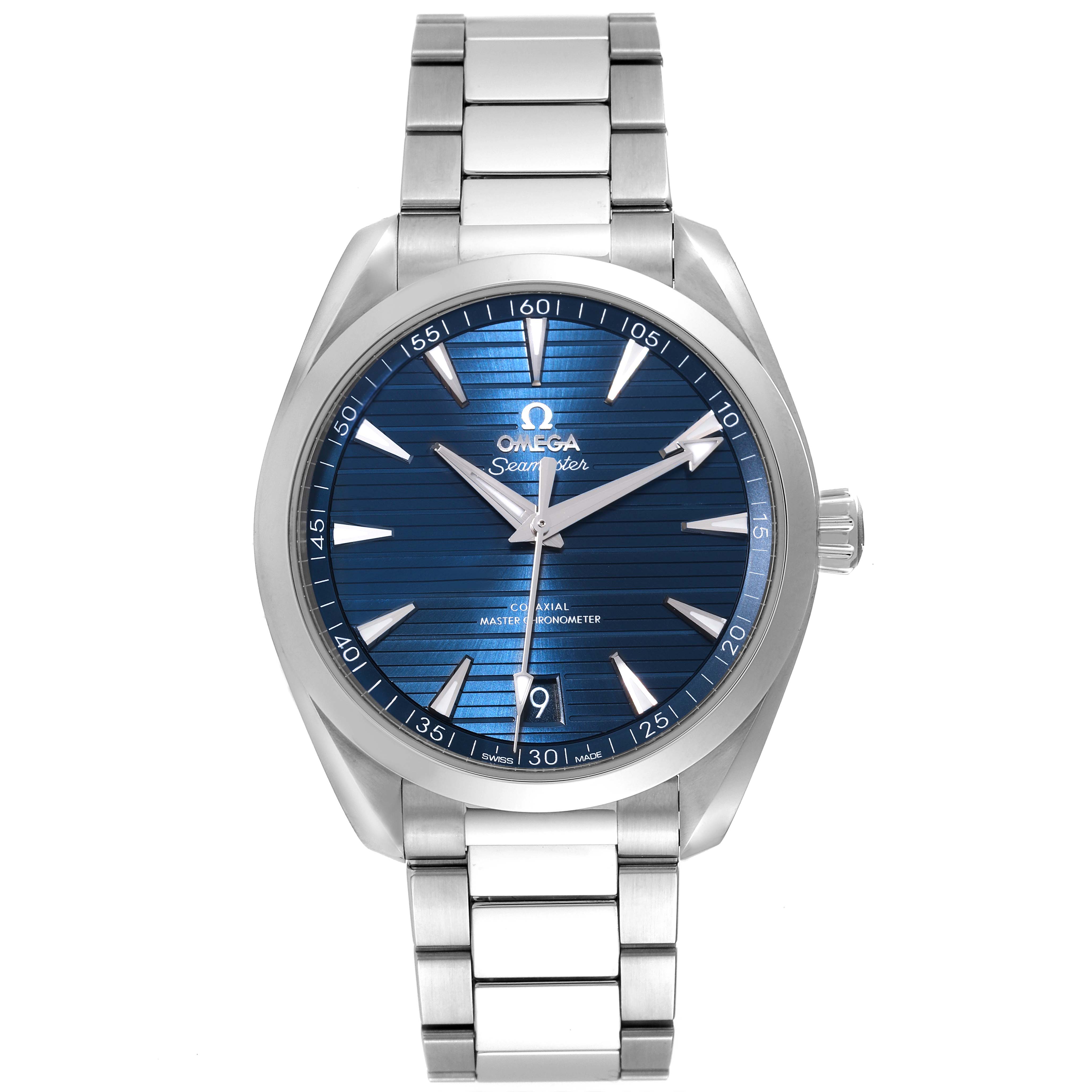 The image shows a front angle of the Omega Aqua Terra 220.10.41.21.03.004 Men
s Stainless Steel Blue Dial 220.10.41.21.03.004 Men
s Stainless Steel Blue Dial watch, highlighting its blue dial, stainless steel bracelet, and crown.