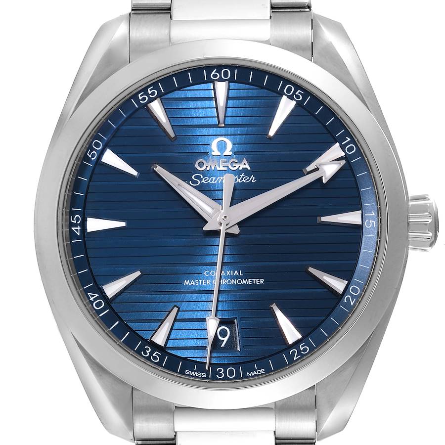 The image shows a front view of the Omega Aqua Terra watch, highlighting its blue dial, hands, indices, and steel case.