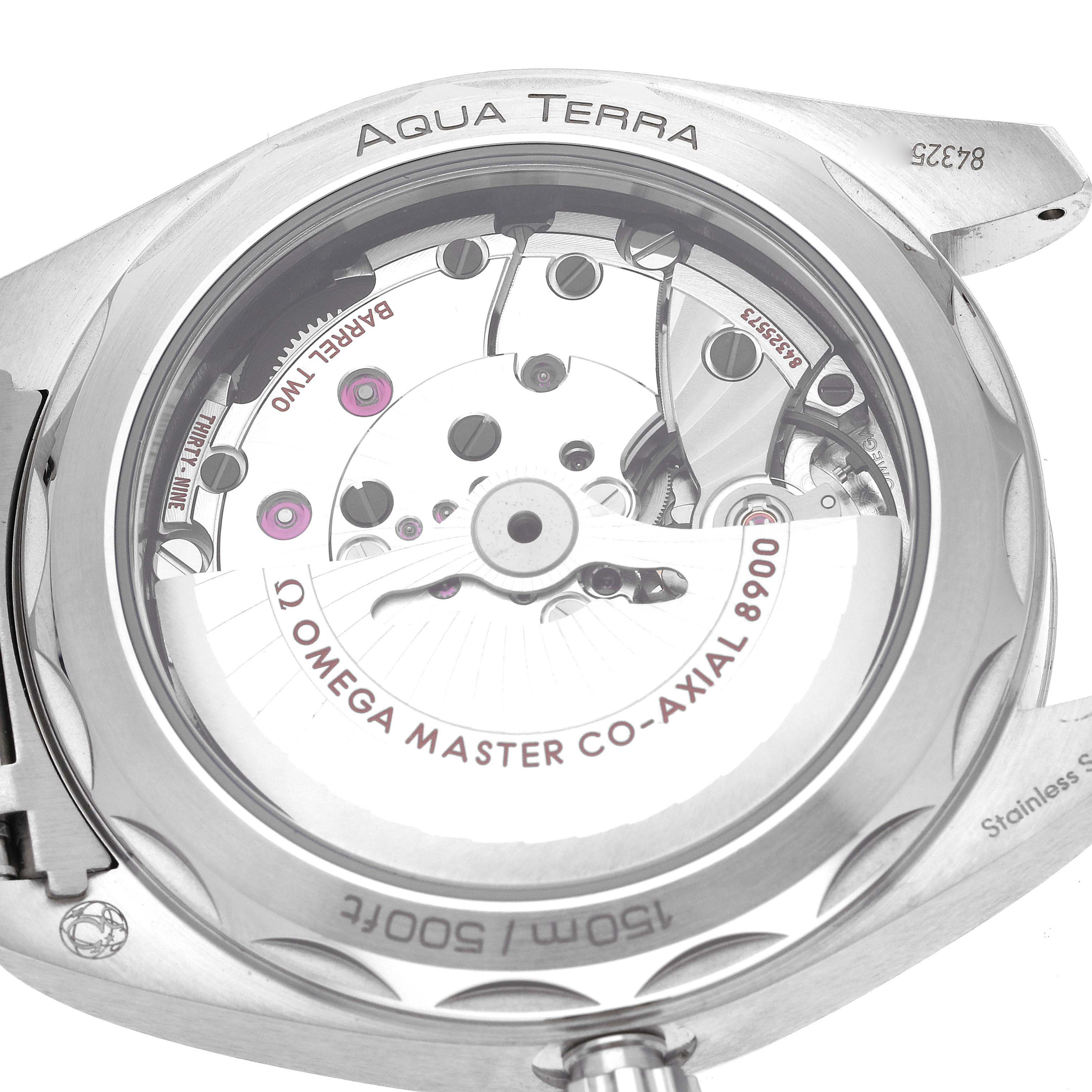 The image shows the rear view of an Omega Aqua Terra 220.10.41.21.03.004 Men
s Stainless Steel Blue Dial 220.10.41.21.03.004 Men
s Stainless Steel Blue Dial watch, specifically highlighting its exposed movement and markings.