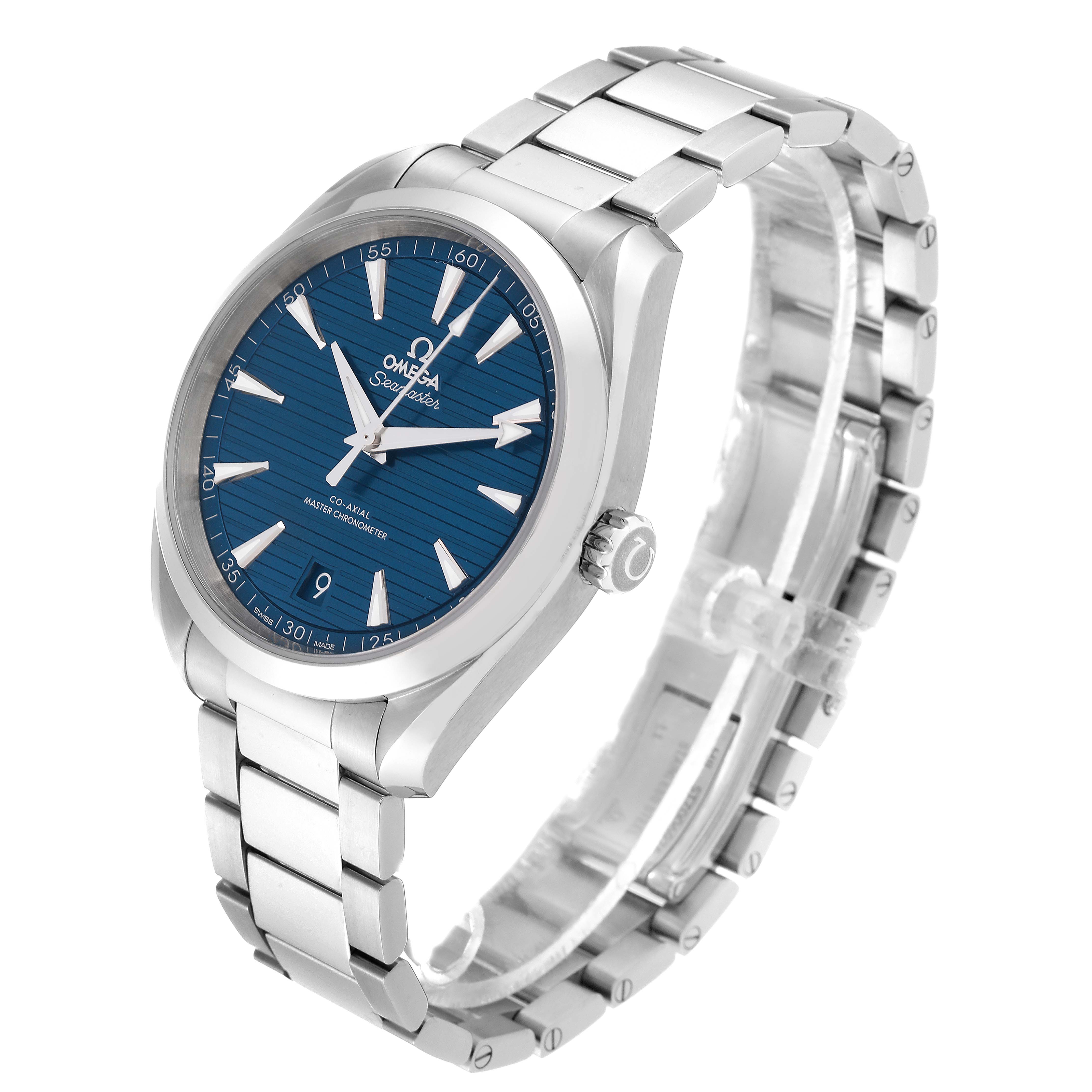 The image shows the Omega Aqua Terra 220.10.41.21.03.004 Men
s Stainless Steel Blue Dial 220.10.41.21.03.004 Men
s Stainless Steel Blue Dial watch model at an angled view revealing the face, bezel, crown, and bracelet.