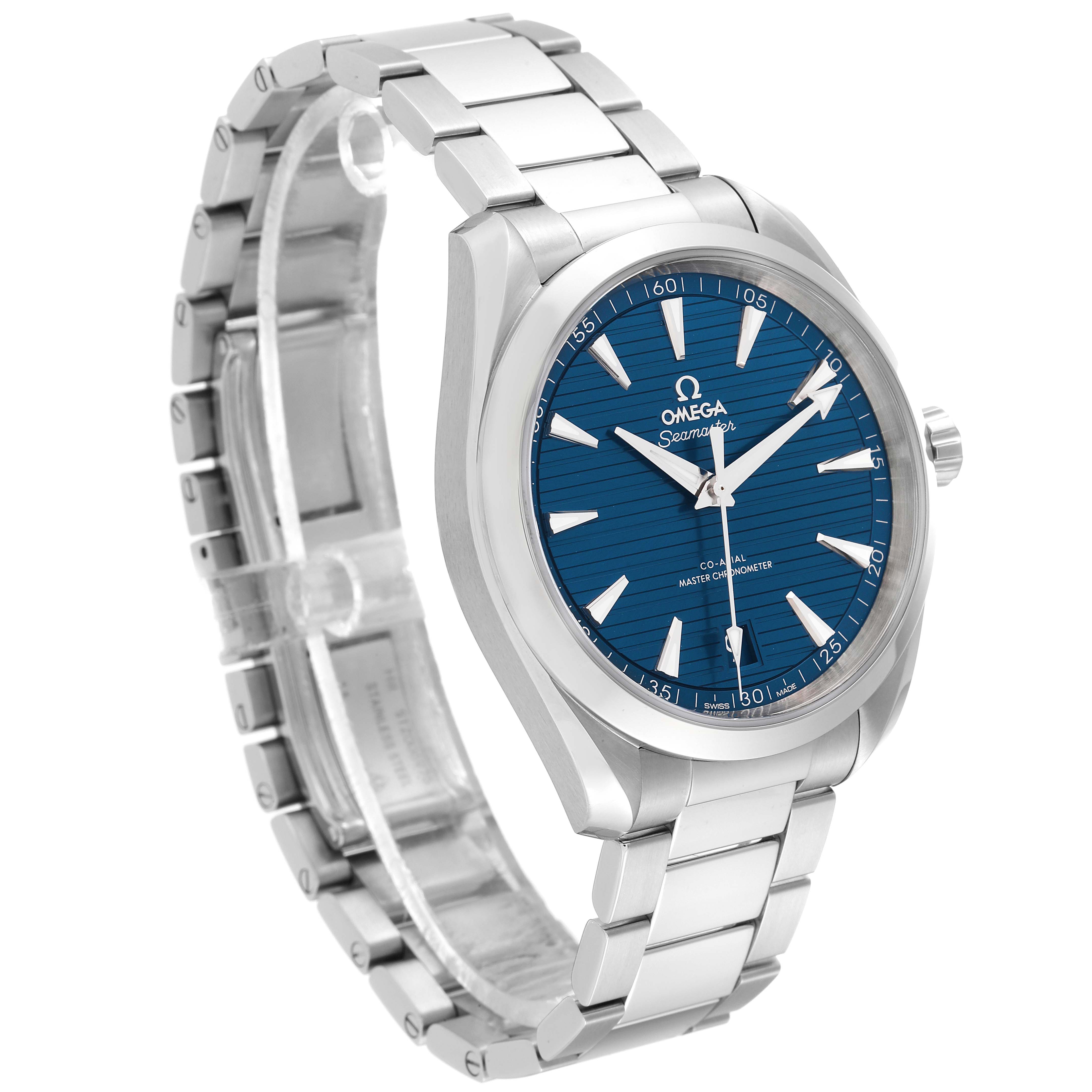 The Omega Aqua Terra 220.10.41.21.03.004 Men
s Stainless Steel Blue Dial 220.10.41.21.03.004 Men
s Stainless Steel Blue Dial watch is shown at a 3/4 angle, showcasing its face, crown, and stainless steel bracelet.