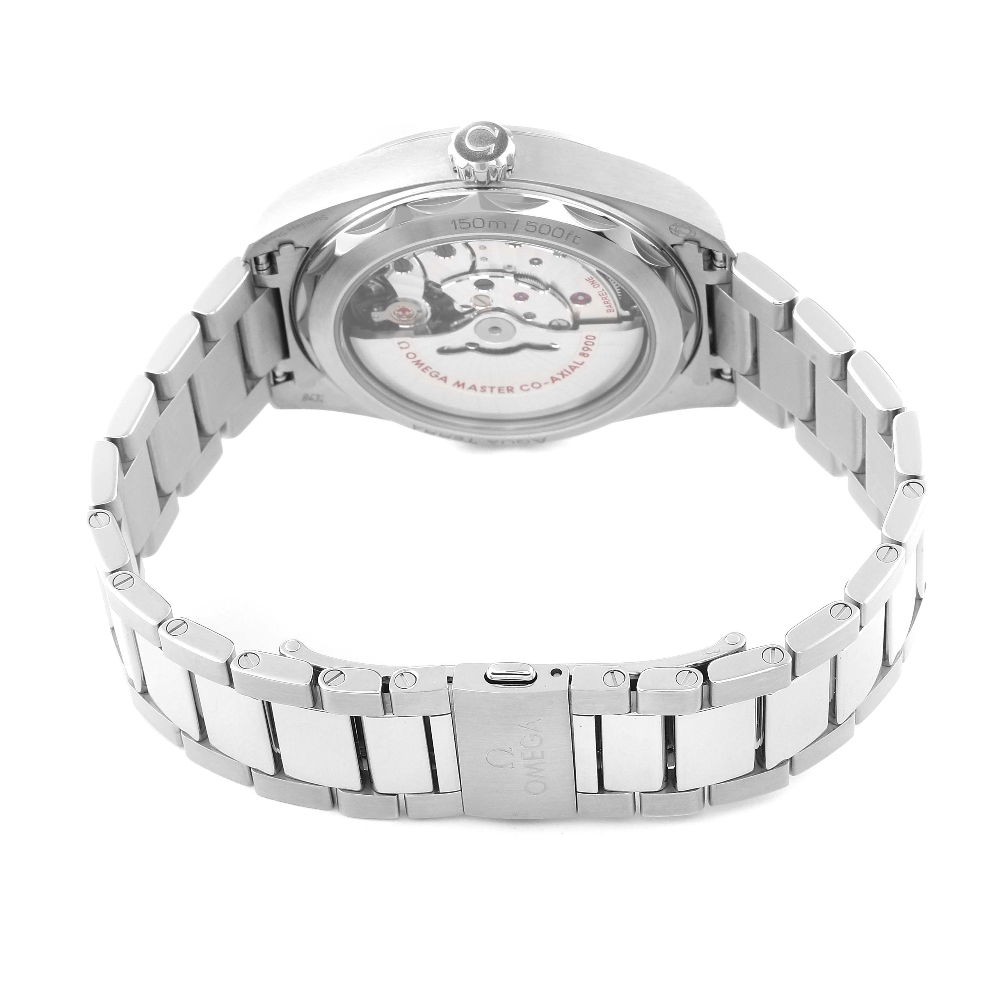 This image shows the back view of an Omega Aqua Terra 220.10.41.21.03.004 Men
s Stainless Steel Blue Dial 220.10.41.21.03.004 Men
s Stainless Steel Blue Dial watch, highlighting its case back and bracelet.