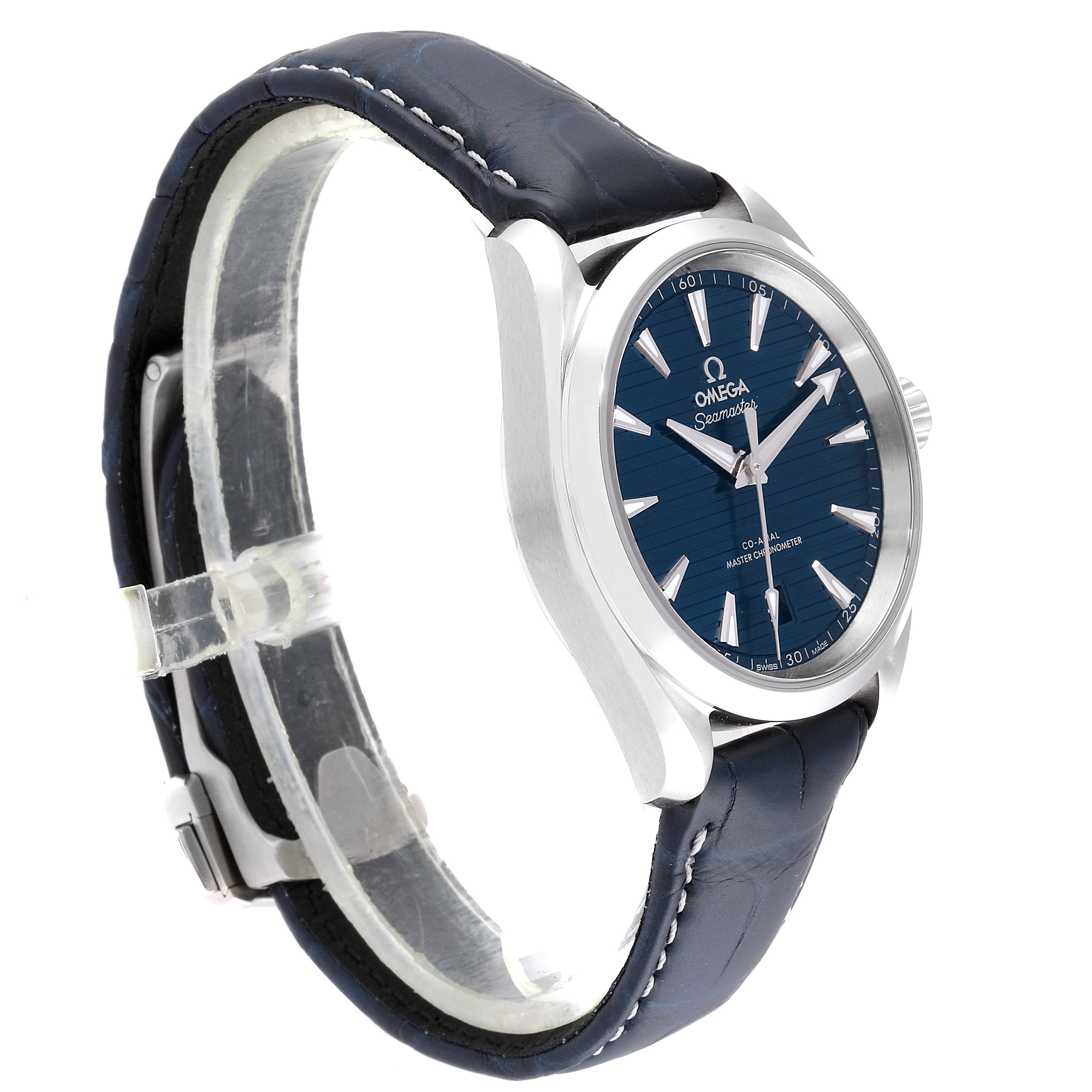 The Omega Aqua Terra 220.13.38.20.03.001 Men's Stainless Steel Blue Dial 220.13.38.20.03.001 Men's Stainless Steel Blue Dial watch is shown at a slight angle, highlighting its blue dial, silver case, and blue strap with white stitching.