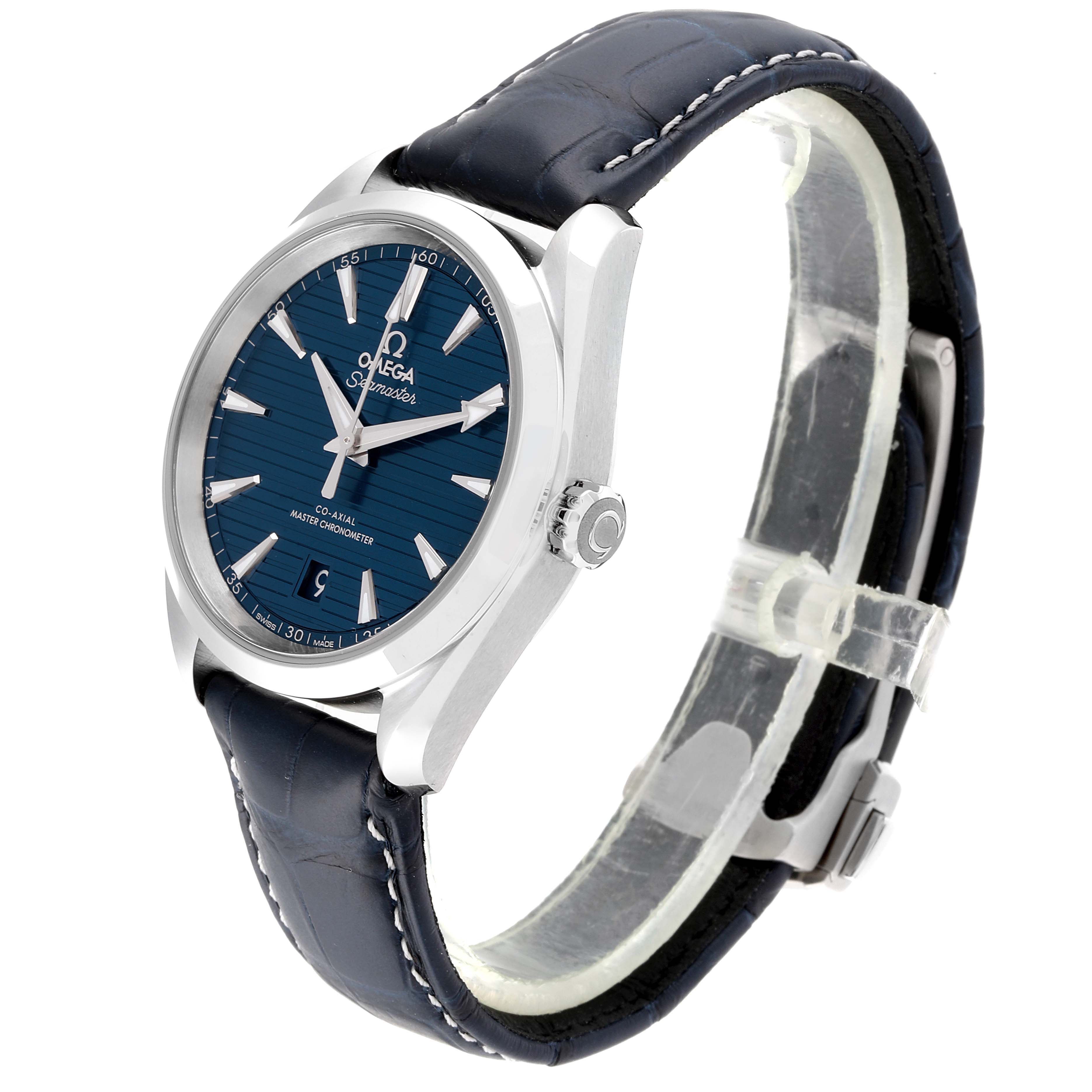 This image shows a side angle view of the Omega Aqua Terra 220.13.38.20.03.001 Men's Stainless Steel Blue Dial 220.13.38.20.03.001 Men's Stainless Steel Blue Dial watch, highlighting its dial, case, crown, and leather strap.