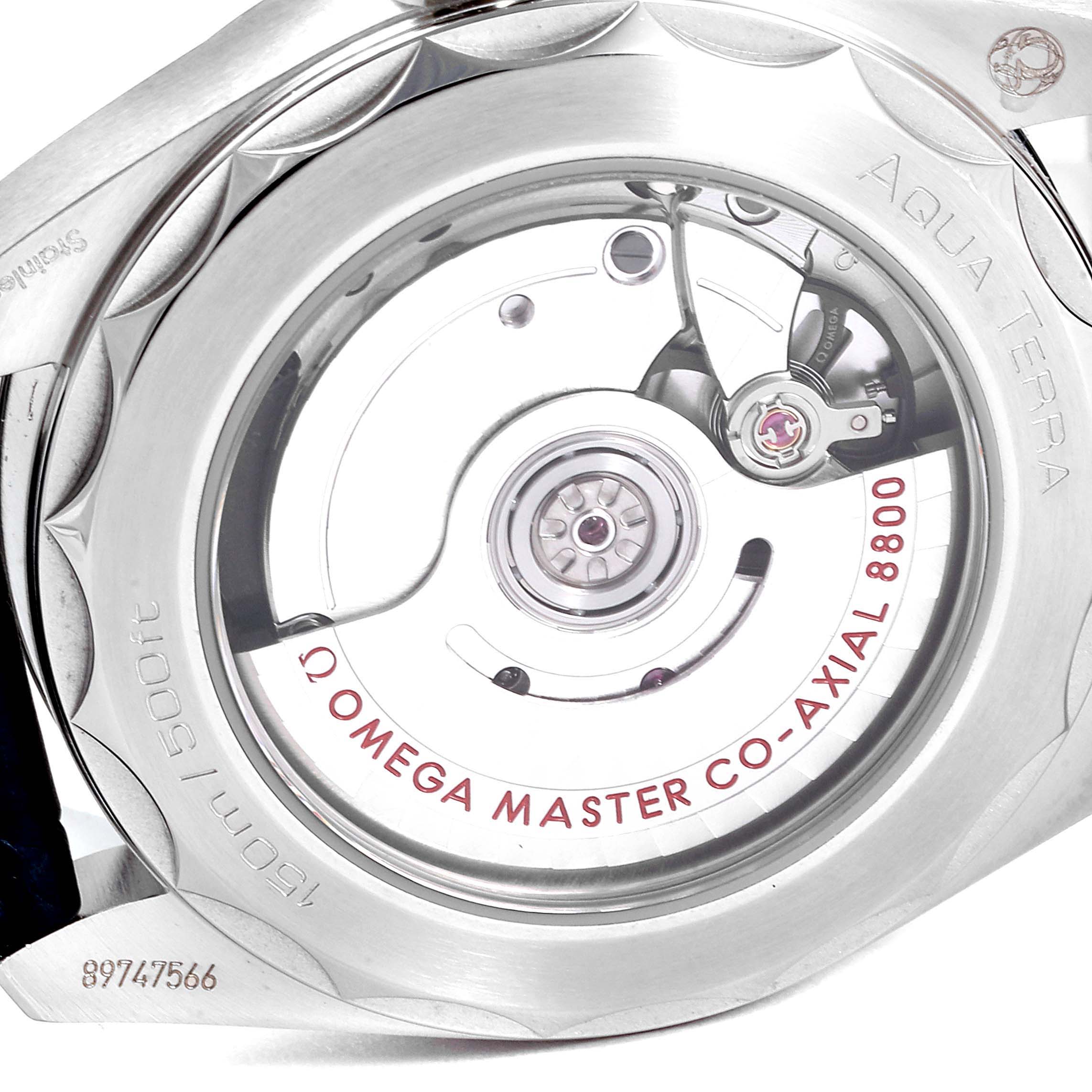 This image shows the back view of the Omega Aqua Terra 220.13.38.20.03.001 Men's Stainless Steel Blue Dial 220.13.38.20.03.001 Men's Stainless Steel Blue Dial watch, highlighting its visible movement and "Master Co-Axial 8800" mechanism.