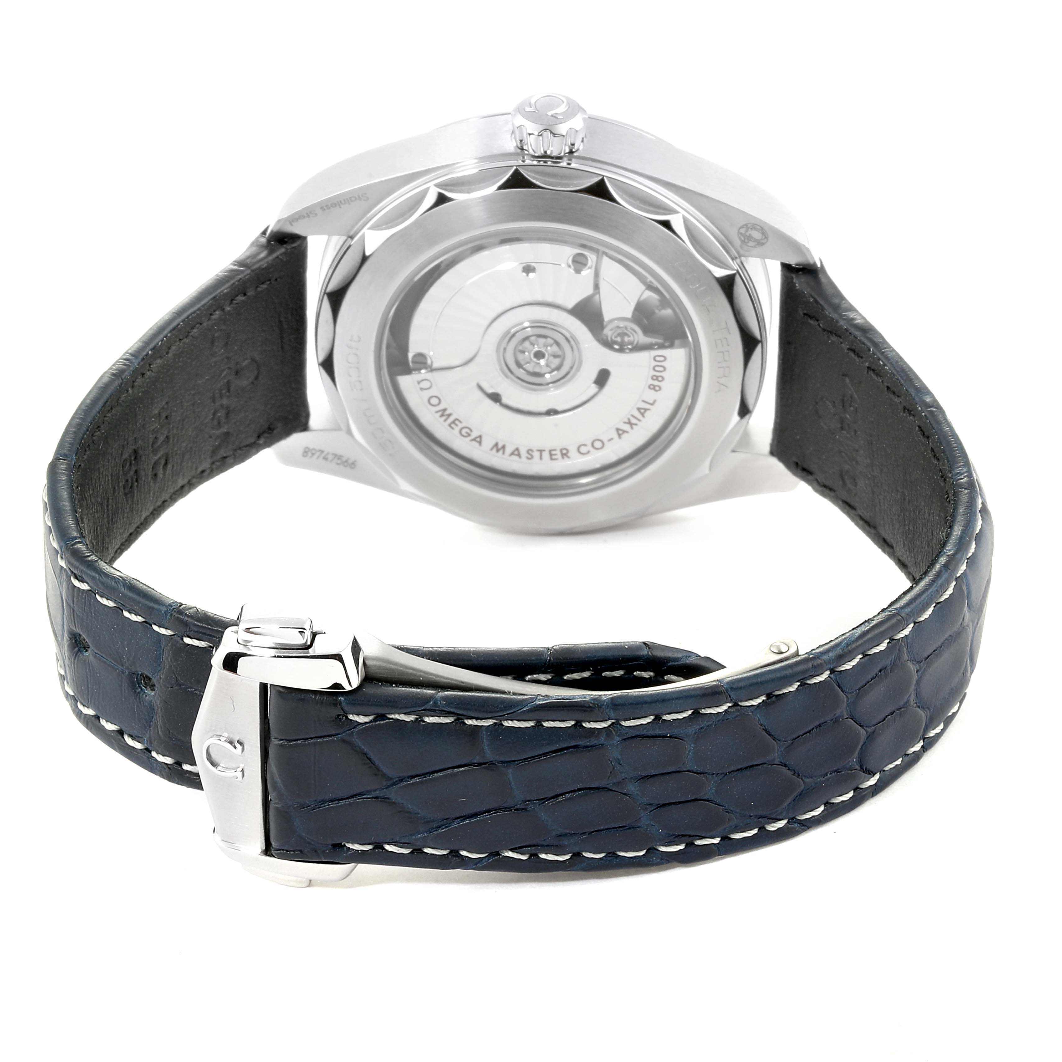 This image shows the back view of the Omega Aqua Terra 220.13.38.20.03.001 Men's Stainless Steel Blue Dial 220.13.38.20.03.001 Men's Stainless Steel Blue Dial watch and its blue leather strap with the clasp.