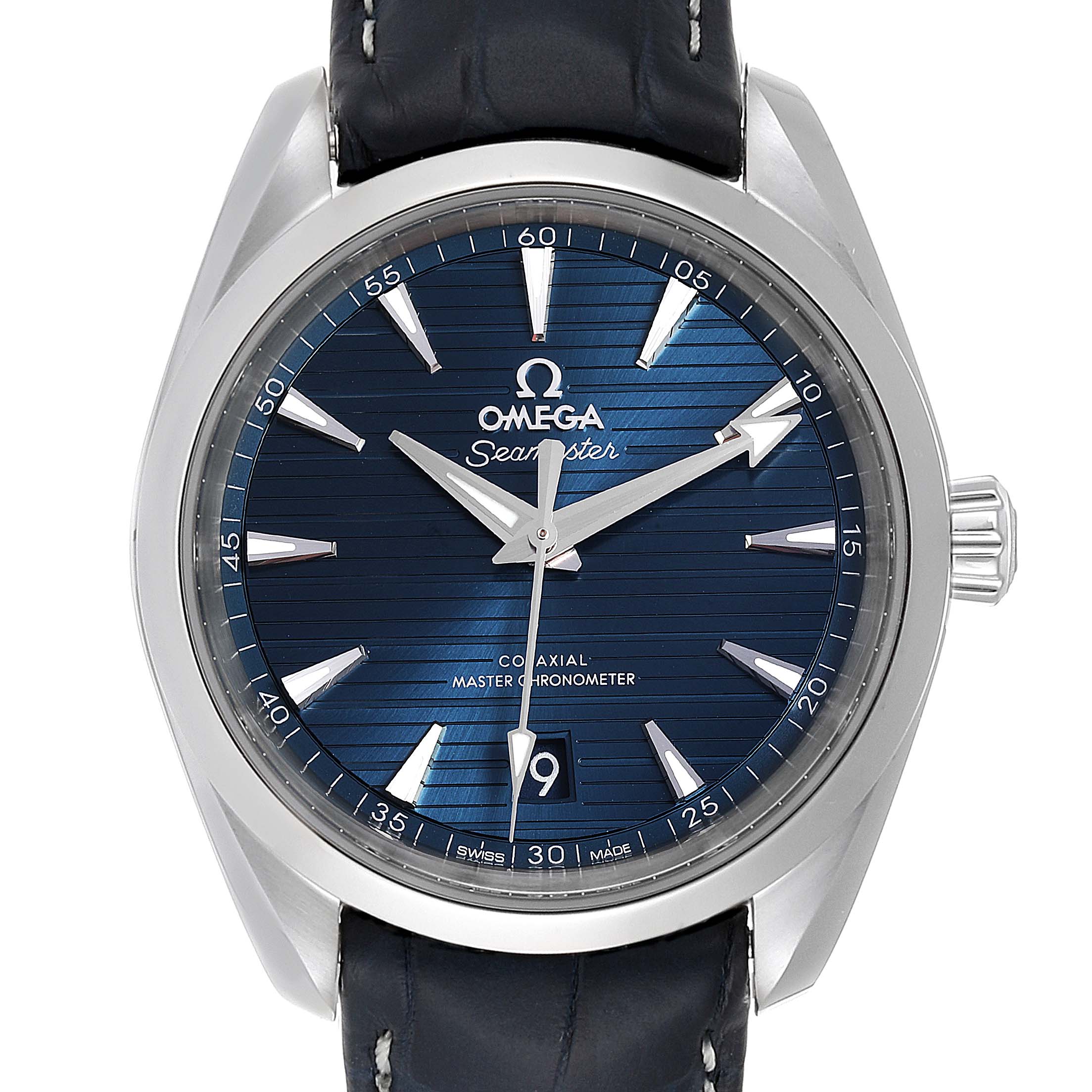 The Omega Aqua Terra 220.13.38.20.03.001 Men's Stainless Steel Blue Dial 220.13.38.20.03.001 Men's Stainless Steel Blue Dial watch is shown from a front angle, displaying the face, dial, hands, and partial black leather strap.