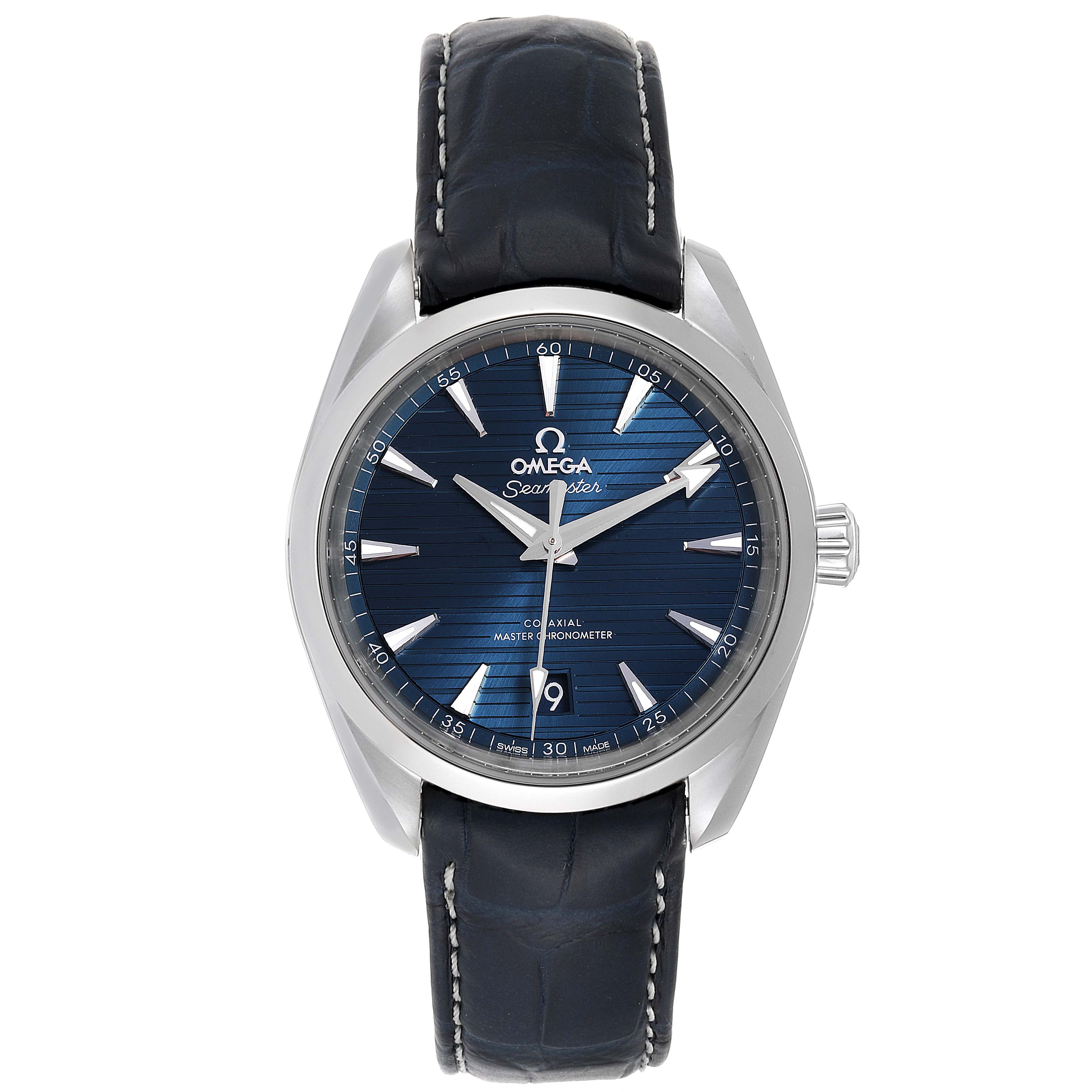 The image shows a front view of the Omega Aqua Terra 220.13.38.20.03.001 Men's Stainless Steel Blue Dial 220.13.38.20.03.001 Men's Stainless Steel Blue Dial watch, highlighting the dial, hands, case, and leather strap.