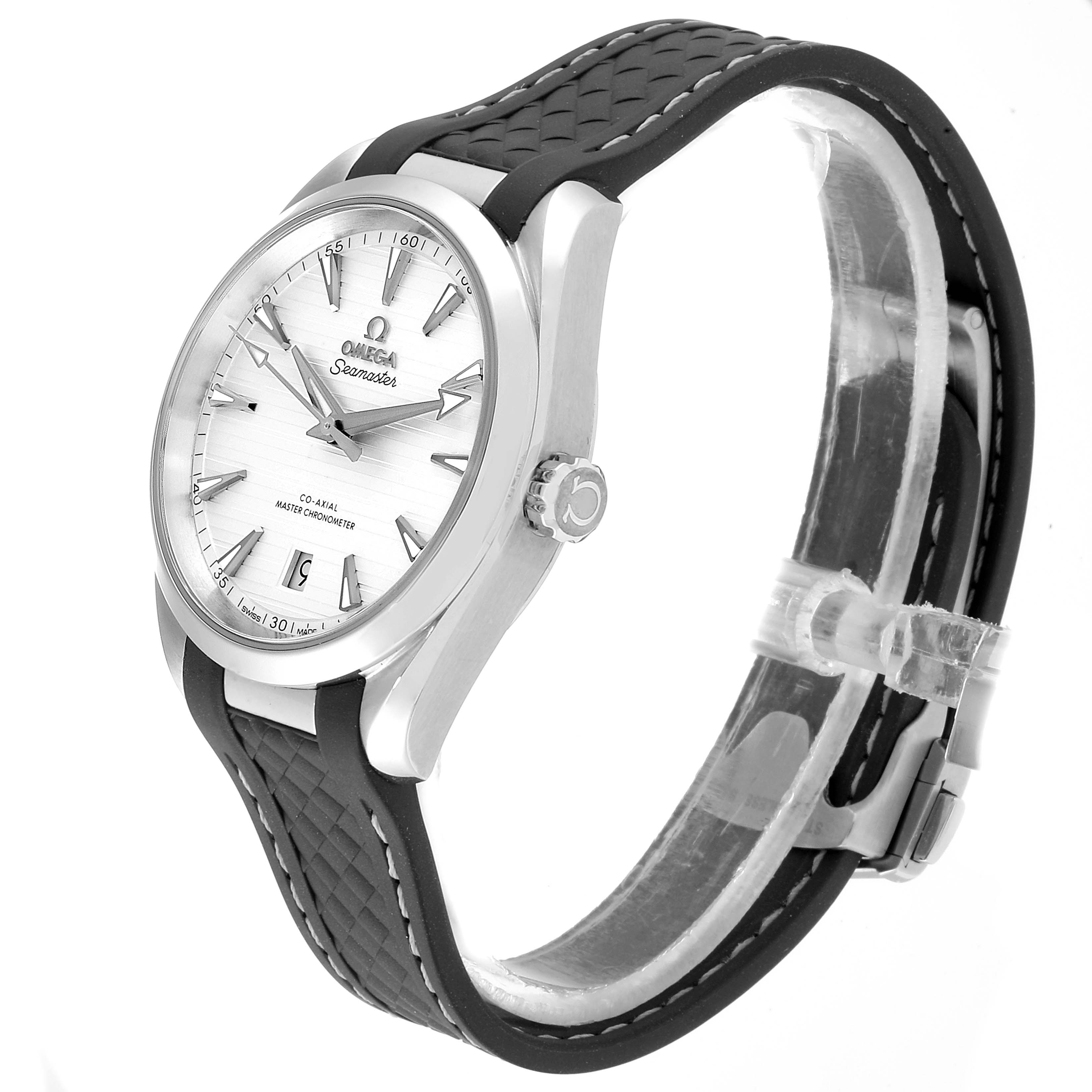 The image shows an Omega Aqua Terra 220.12.38.20.02.001 Men
s Stainless Steel Silver Dial 220.12.38.20.02.001 Men
s Stainless Steel Silver Dial watch from a side angle, highlighting its face, crown, and strap.