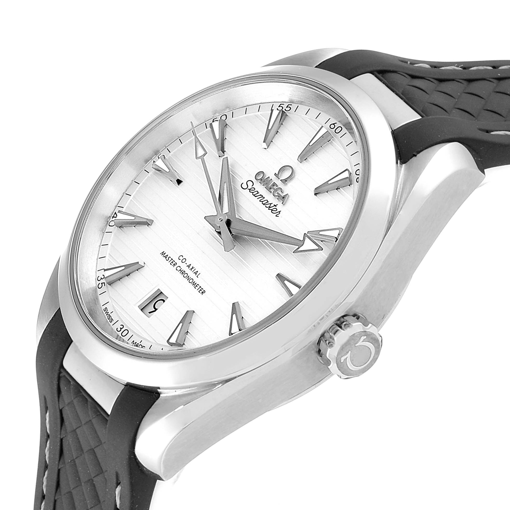 This image shows a side angle of the Omega Aqua Terra 220.12.38.20.02.001 Men
s Stainless Steel Silver Dial 220.12.38.20.02.001 Men
s Stainless Steel Silver Dial watch, highlighting the bezel, dial, crown, and strap.