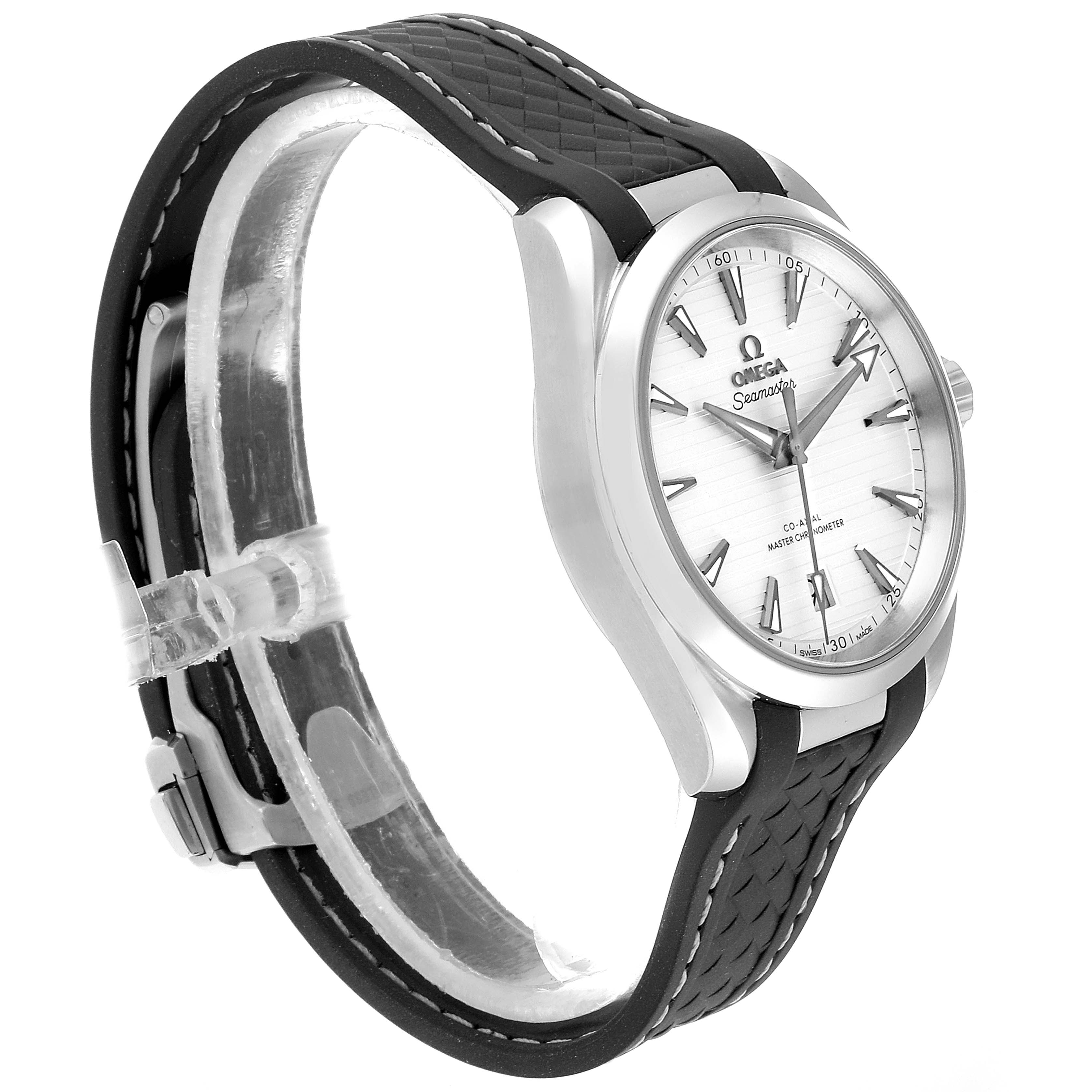 The image shows an Omega Aqua Terra 220.12.38.20.02.001 Men
s Stainless Steel Silver Dial 220.12.38.20.02.001 Men
s Stainless Steel Silver Dial watch at an angled side view, featuring its face, case, and strap.