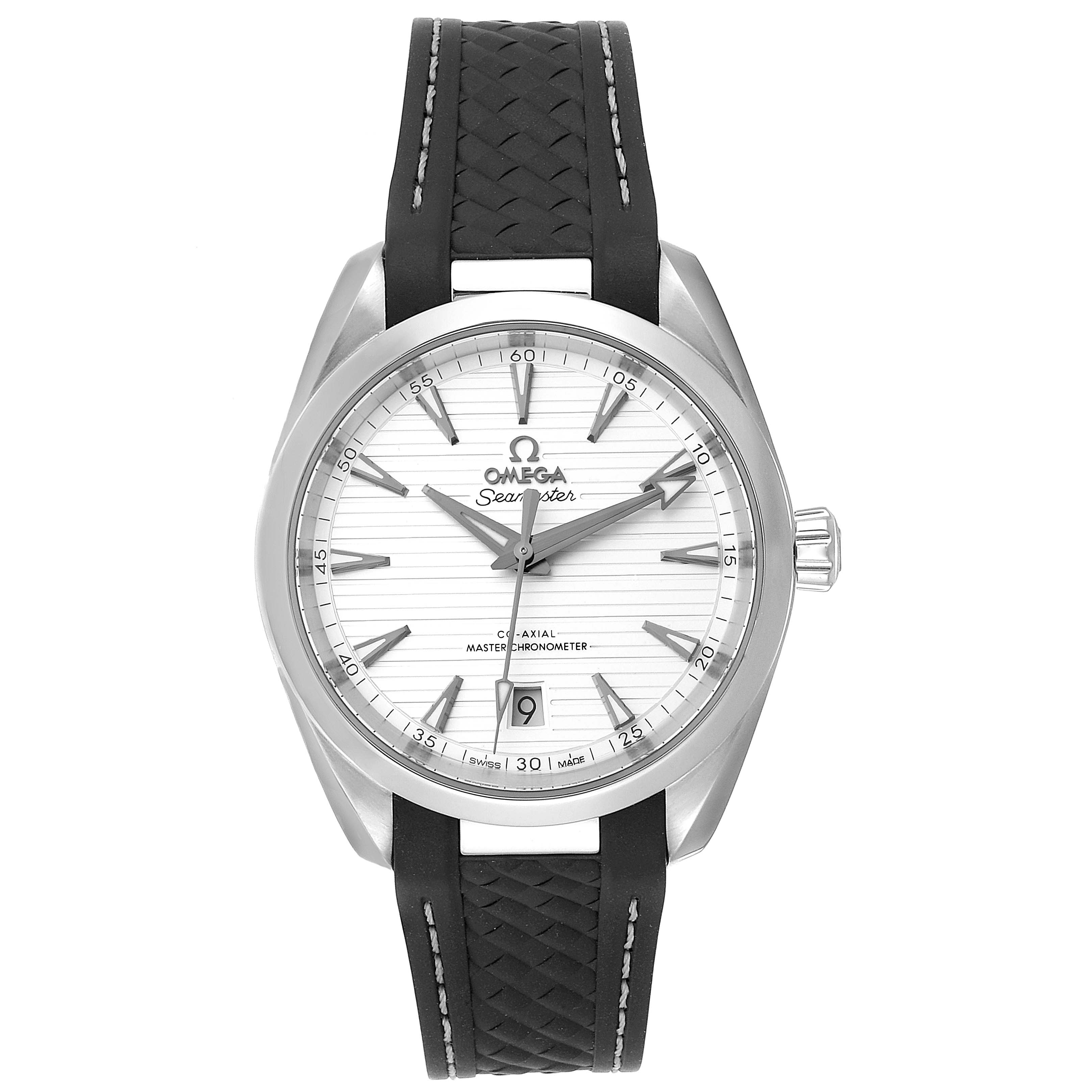 The image shows a front view of an Omega Aqua Terra 220.12.38.20.02.001 Men
s Stainless Steel Silver Dial 220.12.38.20.02.001 Men
s Stainless Steel Silver Dial model watch with a black strap and a white dial.