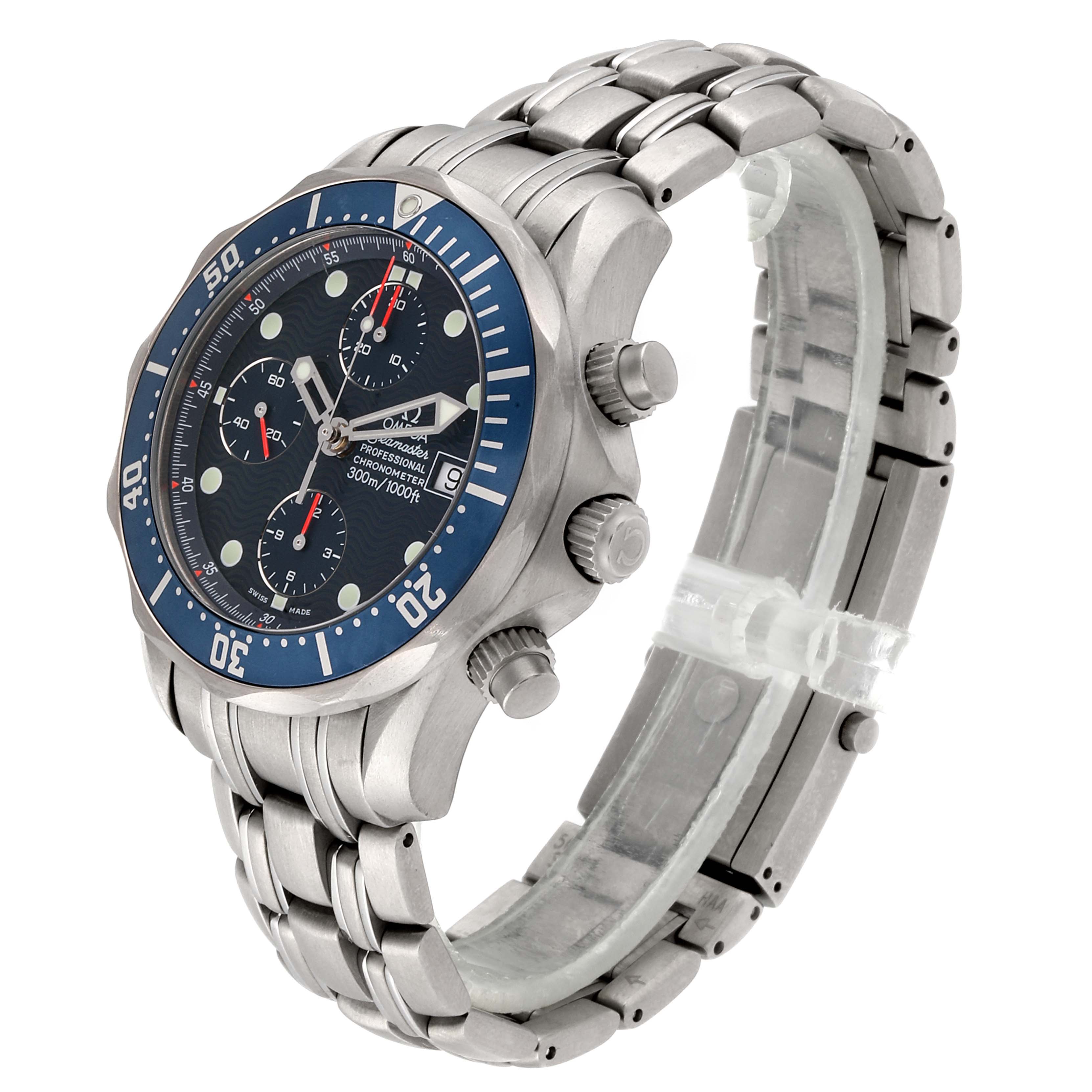 The image shows a side angle of the Omega Seamaster 2298.80.00 Men
s Titanium Blue Dial 2298.80.00 Men
s Titanium Blue Dial watch, highlighting the dial, bezel, crown, and metal bracelet.