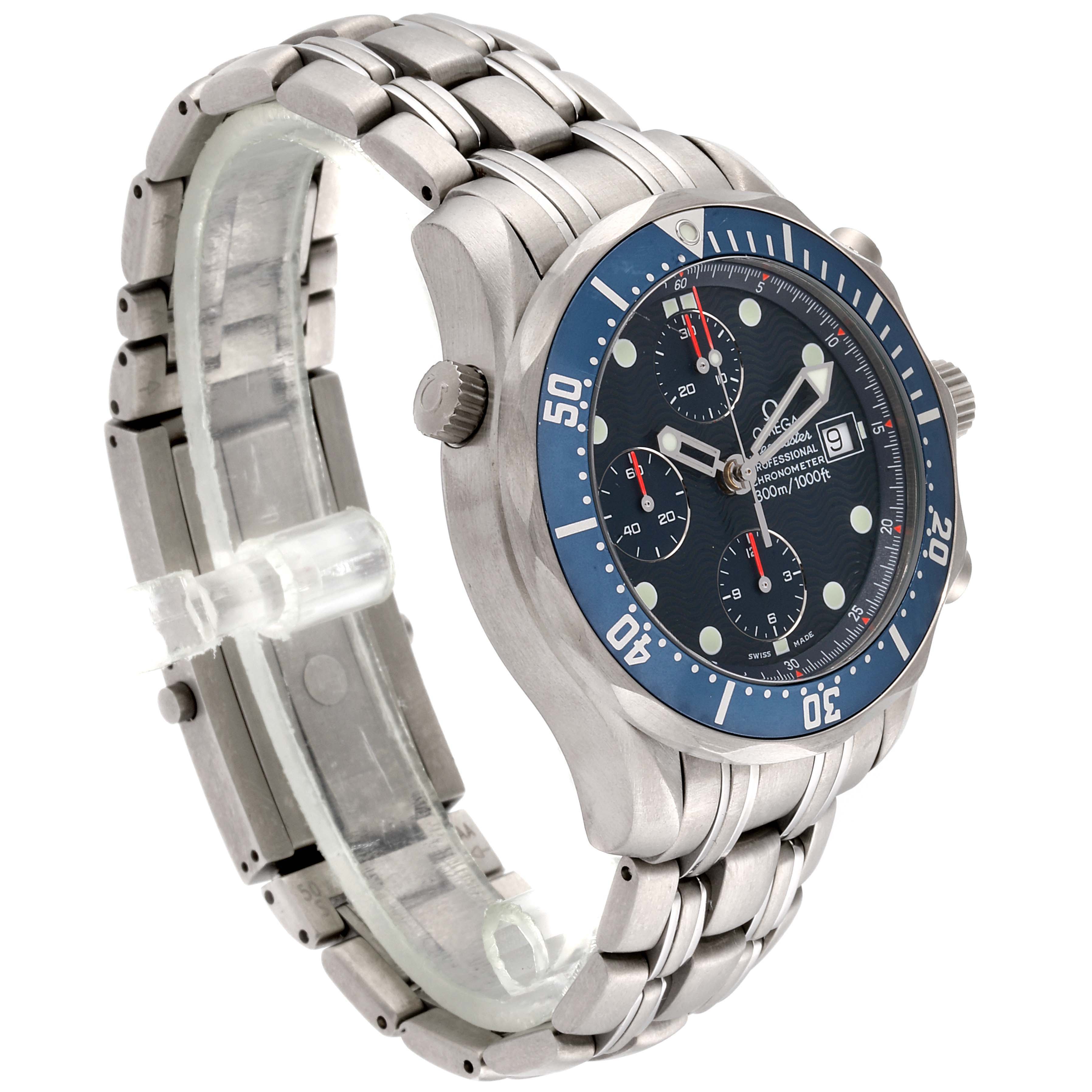 The image shows an angled view of an Omega Seamaster 2298.80.00 Men
s Titanium Blue Dial 2298.80.00 Men
s Titanium Blue Dial watch, highlighting its face, bezel, crown, and metal bracelet.