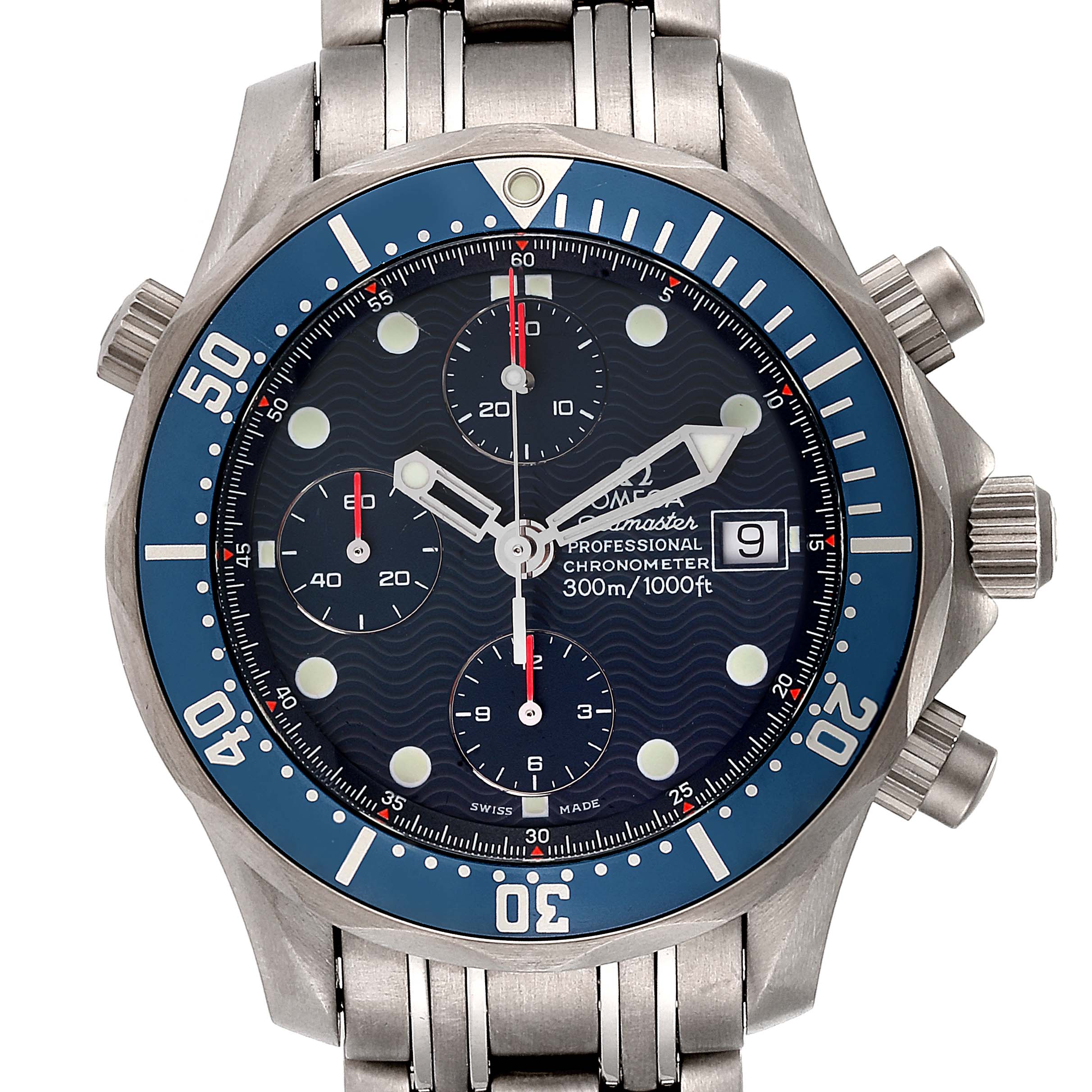 The image shows a frontal view of the Omega Seamaster 2298.80.00 Men
s Titanium Blue Dial 2298.80.00 Men
s Titanium Blue Dial watch, displaying the dial, bezel, crown, pushers, and part of the bracelet.
