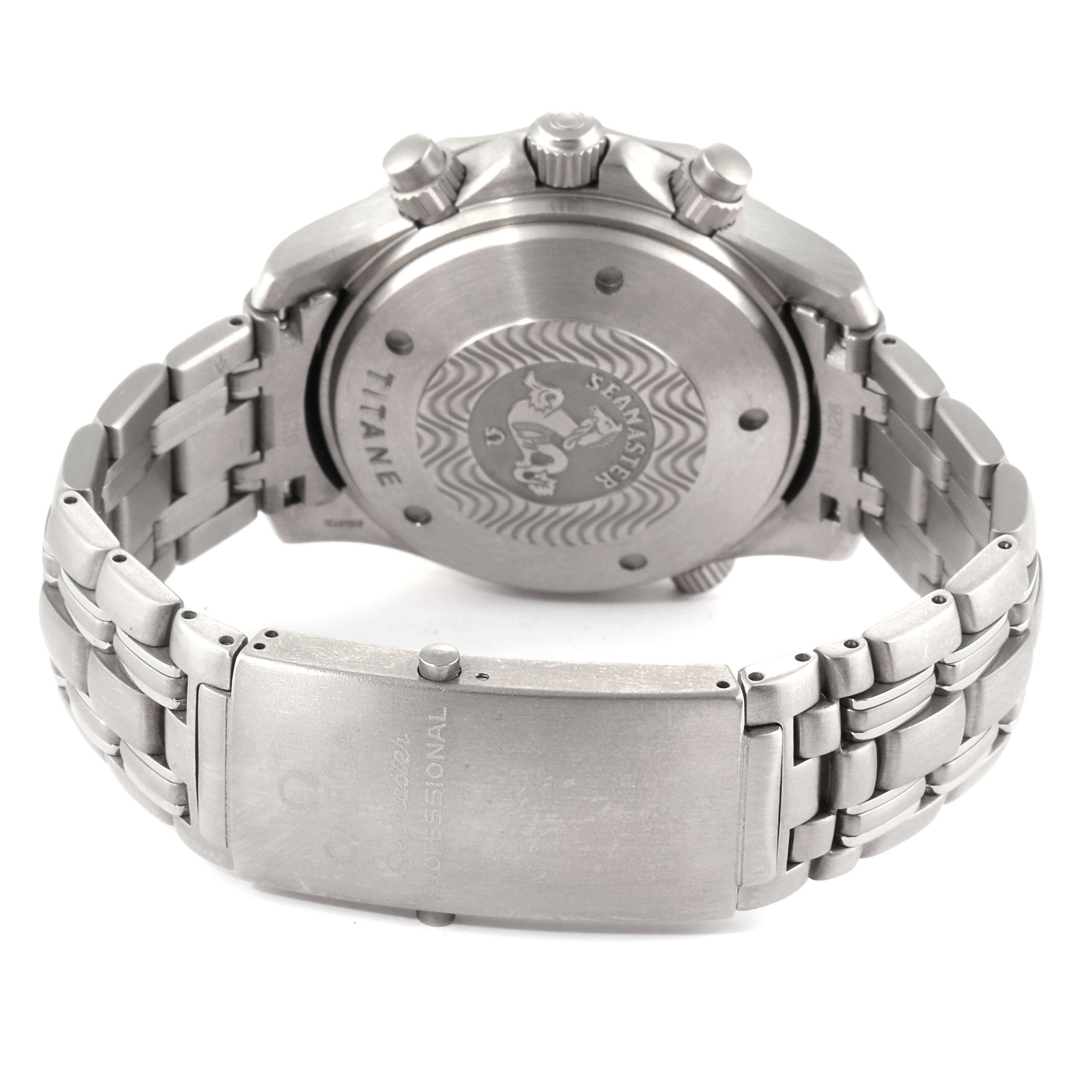 The image shows the back case and bracelet of an Omega Seamaster 2298.80.00 Men
s Titanium Blue Dial 2298.80.00 Men
s Titanium Blue Dial watch, featuring the clasp and engraved case back.