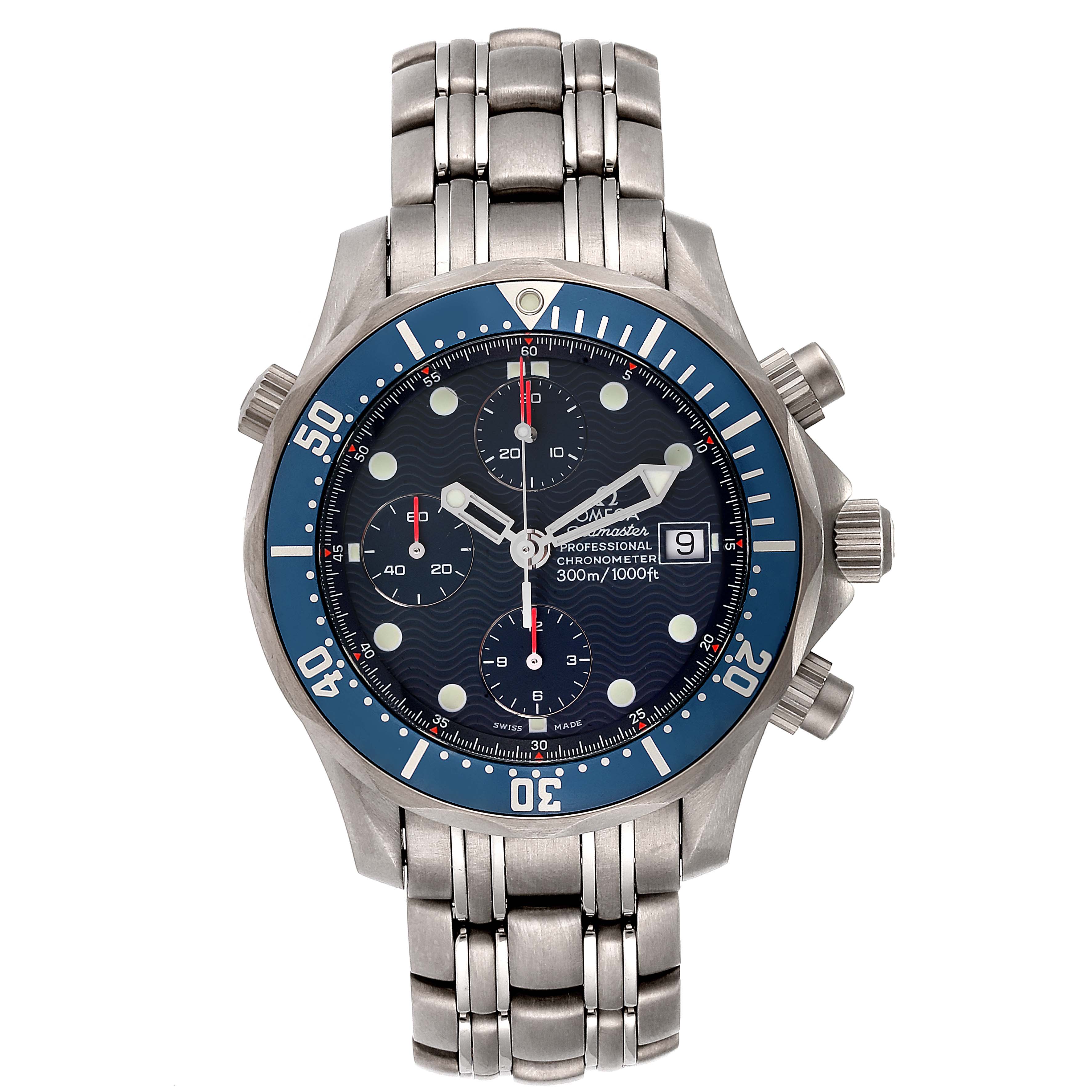 The image shows a front view of the Omega Seamaster 2298.80.00 Men
s Titanium Blue Dial 2298.80.00 Men
s Titanium Blue Dial watch, displaying its dial, bezel, chronograph subdials, and stainless steel bracelet.