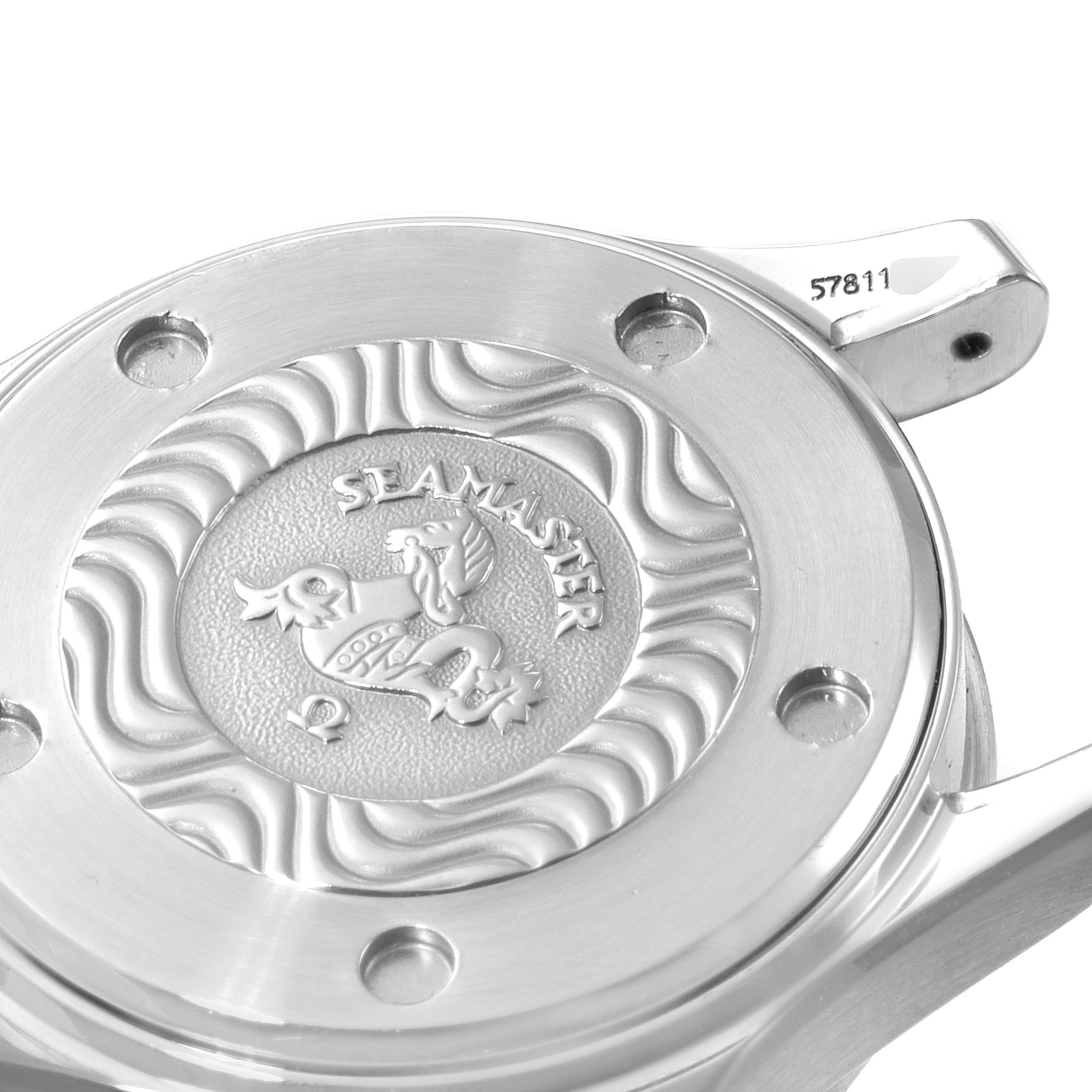 The image shows the case back of the Omega 2284.50.00 Women's Stainless Steel Black Dial 2284.50.00 Women's Stainless Steel Black Dial Seamaster Diver 300M 28mm Steel Ladies Watch (model 2284.50.00) with its distinct engravings.