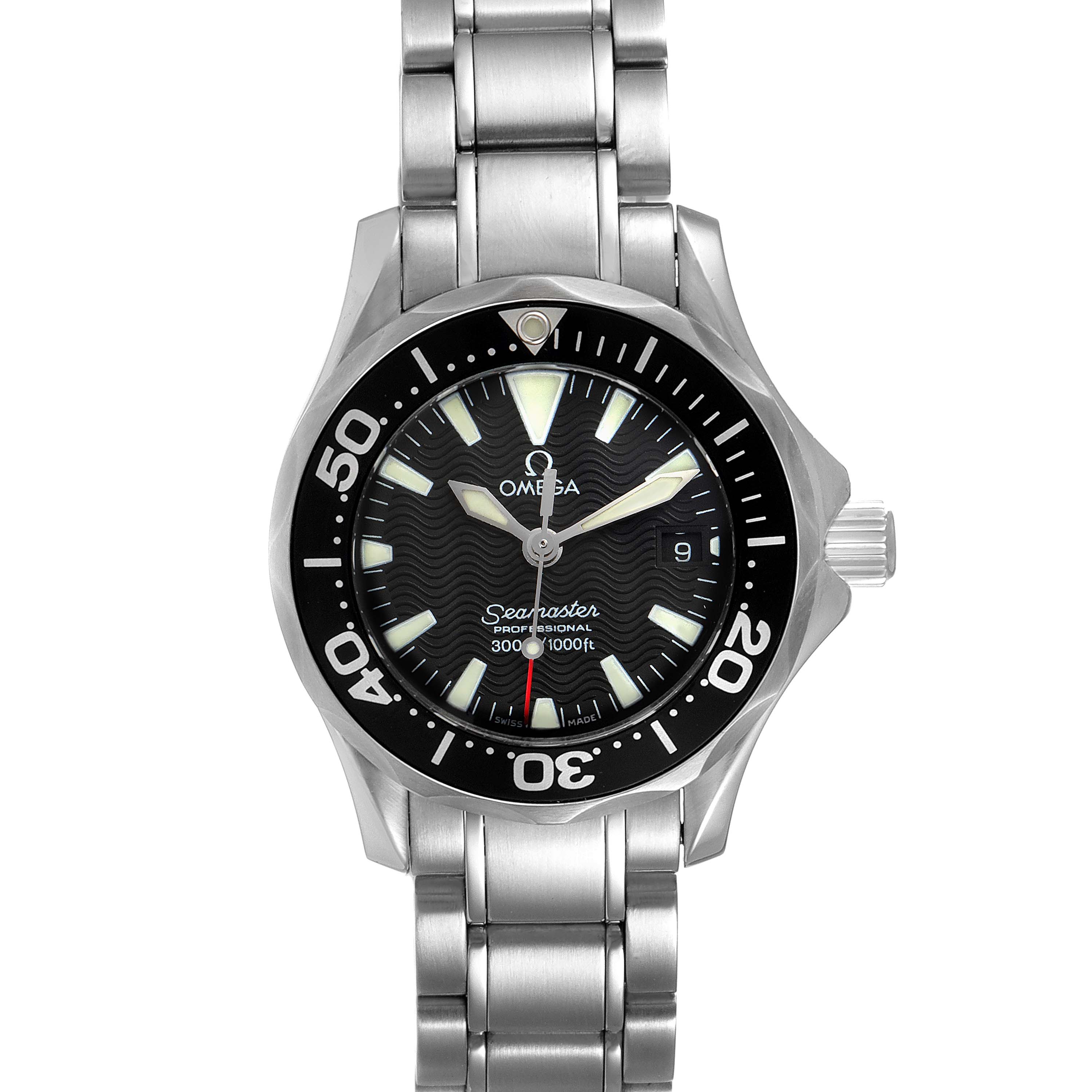 Front view of the Omega 2284.50.00 Women's Stainless Steel Black Dial 2284.50.00 Women's Stainless Steel Black Dial Seamaster Diver 300M 28mm Steel Ladies Watch 2284.50.00, showing the dial, bezel, and bracelet.