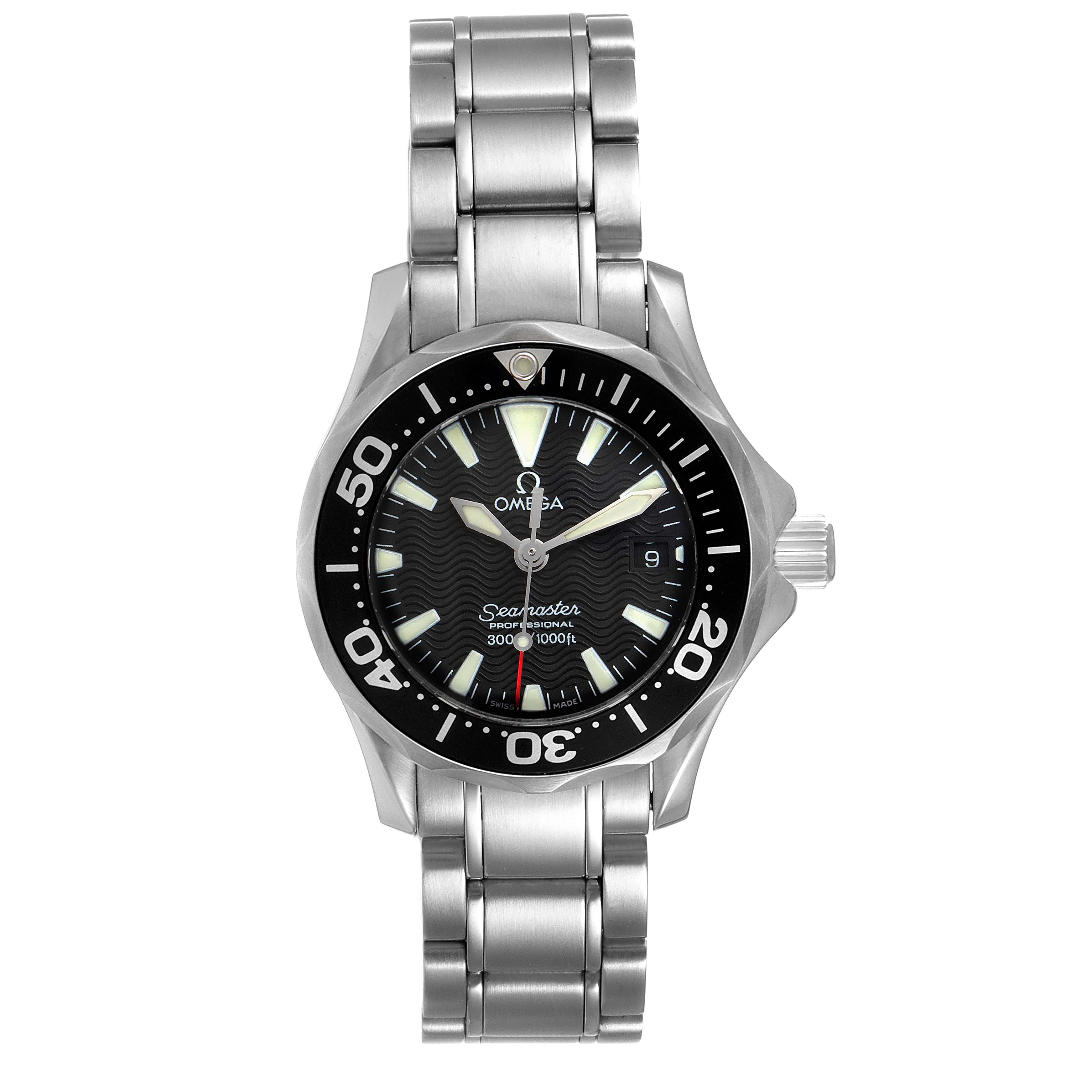 The Omega 2284.50.00 Women's Stainless Steel Black Dial 2284.50.00 Women's Stainless Steel Black Dial Seamaster Diver 300M 28mm Steel Ladies Watch 2284.50.00 is shown from the front, displaying the watch face, bezel, and bracelet.