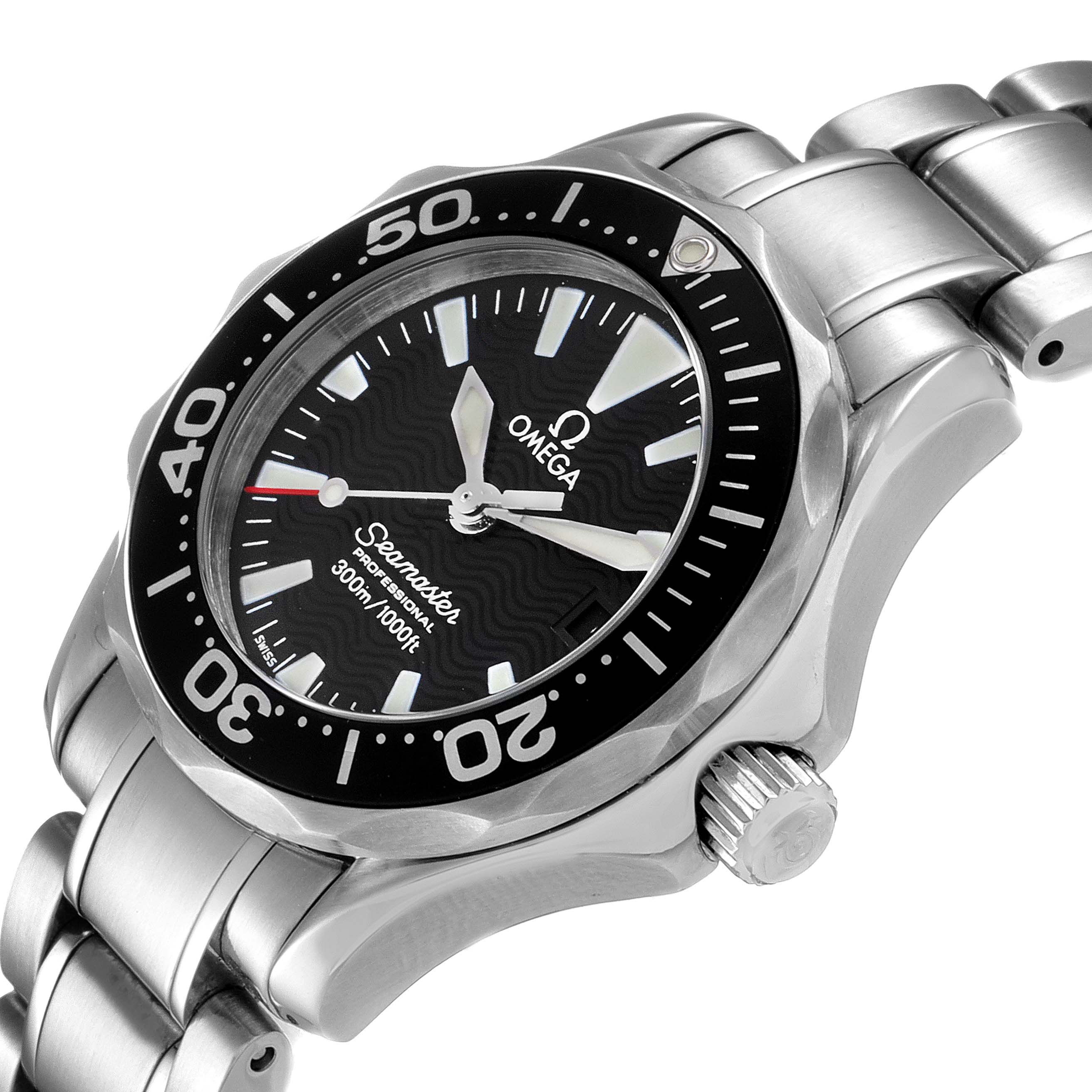 The image shows an angled close-up of the Omega 2284.50.00 Women's Stainless Steel Black Dial 2284.50.00 Women's Stainless Steel Black Dial Seamaster Diver 300M 28mm Steel Ladies Watch 2284.50.00, highlighting the dial, bezel, and bracelet.