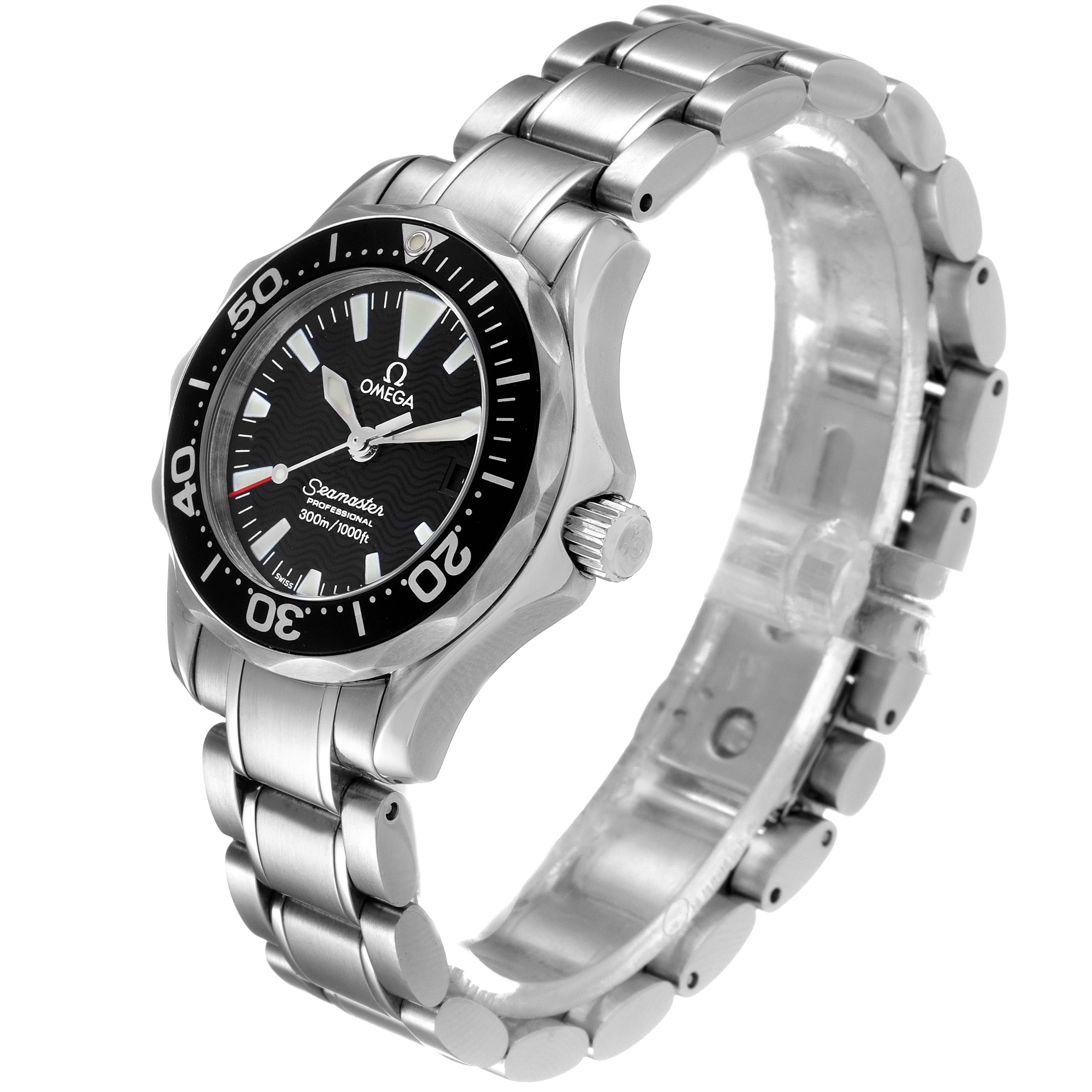 The image shows an angled view of the Omega 2284.50.00 Women's Stainless Steel Black Dial 2284.50.00 Women's Stainless Steel Black Dial Seamaster Diver 300M 28mm Steel Ladies Watch 2284.50.00 with its dial and bracelet visible.