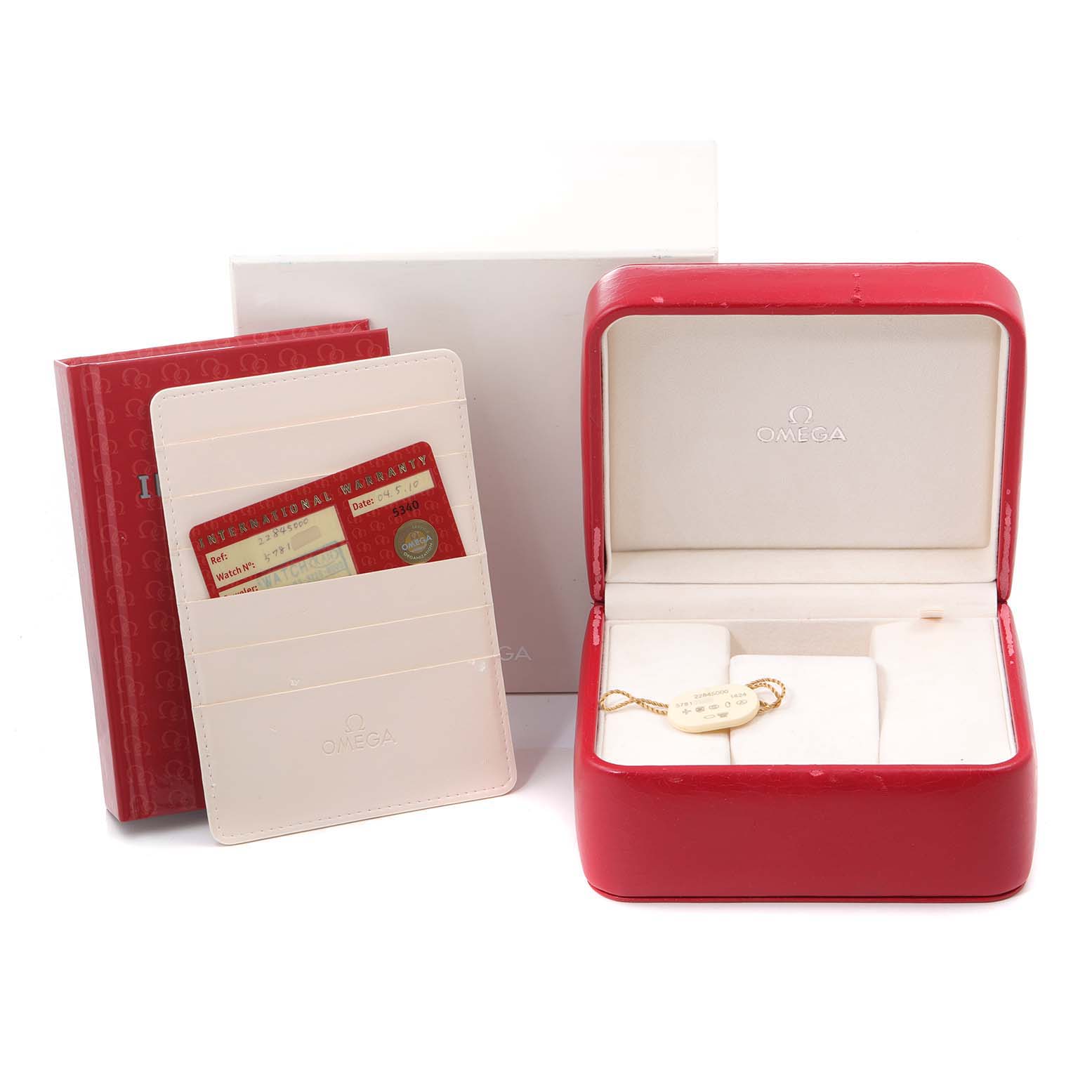 The image shows the packaging, warranty card, and red case of the Omega 2284.50.00 Women's Stainless Steel Black Dial 2284.50.00 Women's Stainless Steel Black Dial Seamaster Diver 300M 28mm Steel Ladies Watch 2284.50.00.