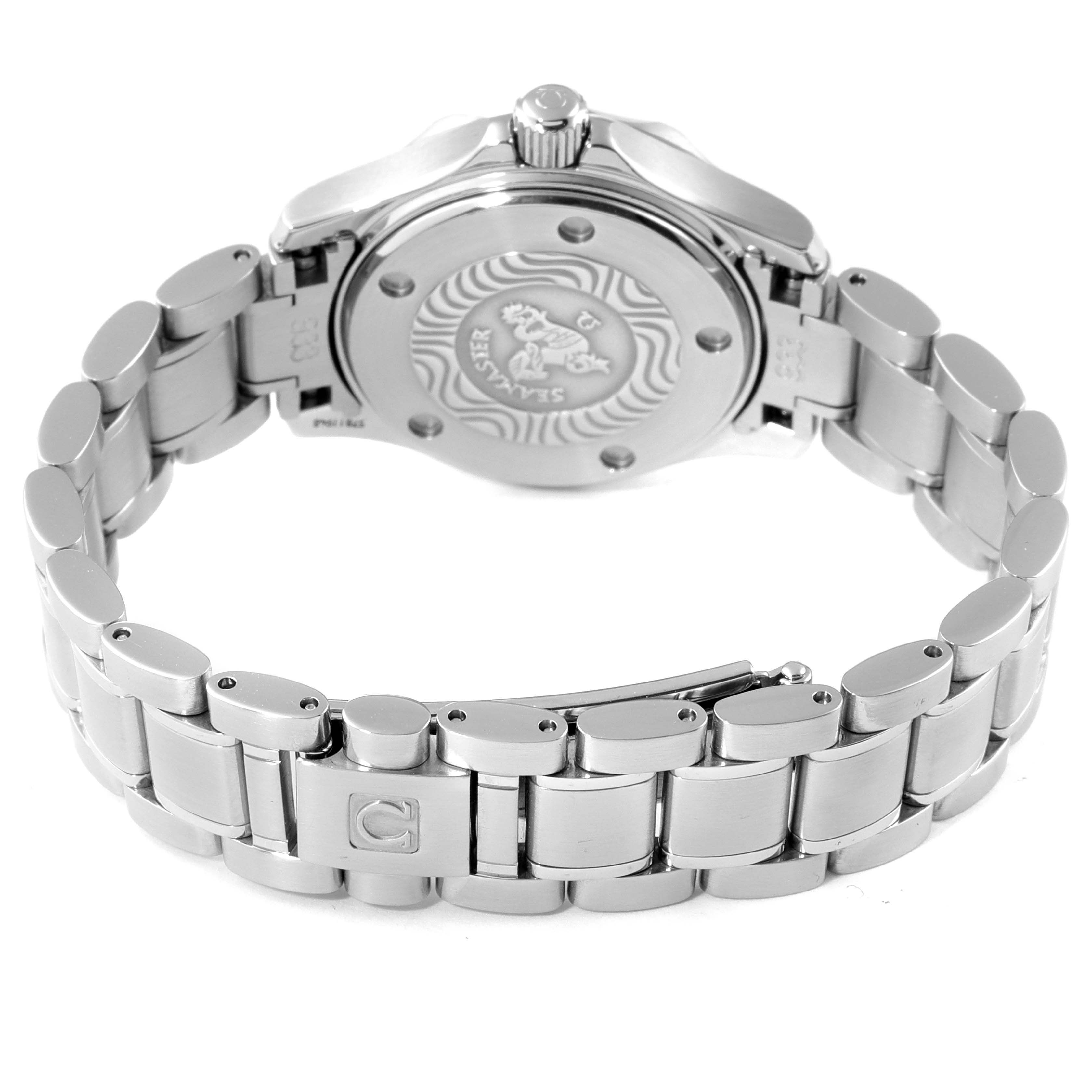 The image shows the back and bracelet of the Omega 2284.50.00 Women's Stainless Steel Black Dial 2284.50.00 Women's Stainless Steel Black Dial Seamaster Diver 300M 28mm Steel Ladies Watch 2284.50.00.