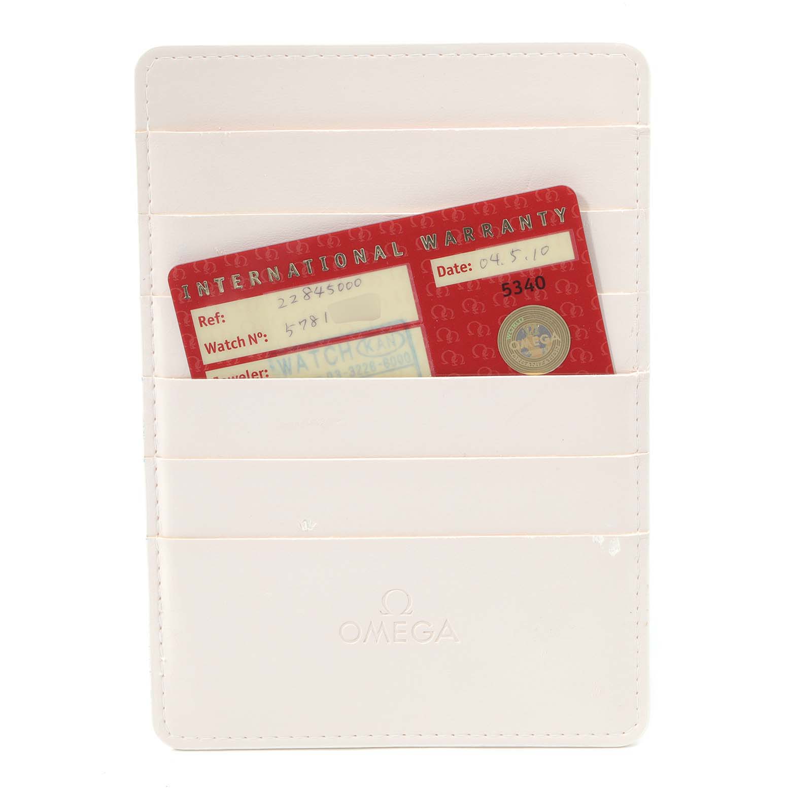 This image shows a cardholder with an Omega 2284.50.00 Women's Stainless Steel Black Dial 2284.50.00 Women's Stainless Steel Black Dial warranty card for the Seamaster Diver 300M 28mm Steel Ladies Watch model 2284.50.00.