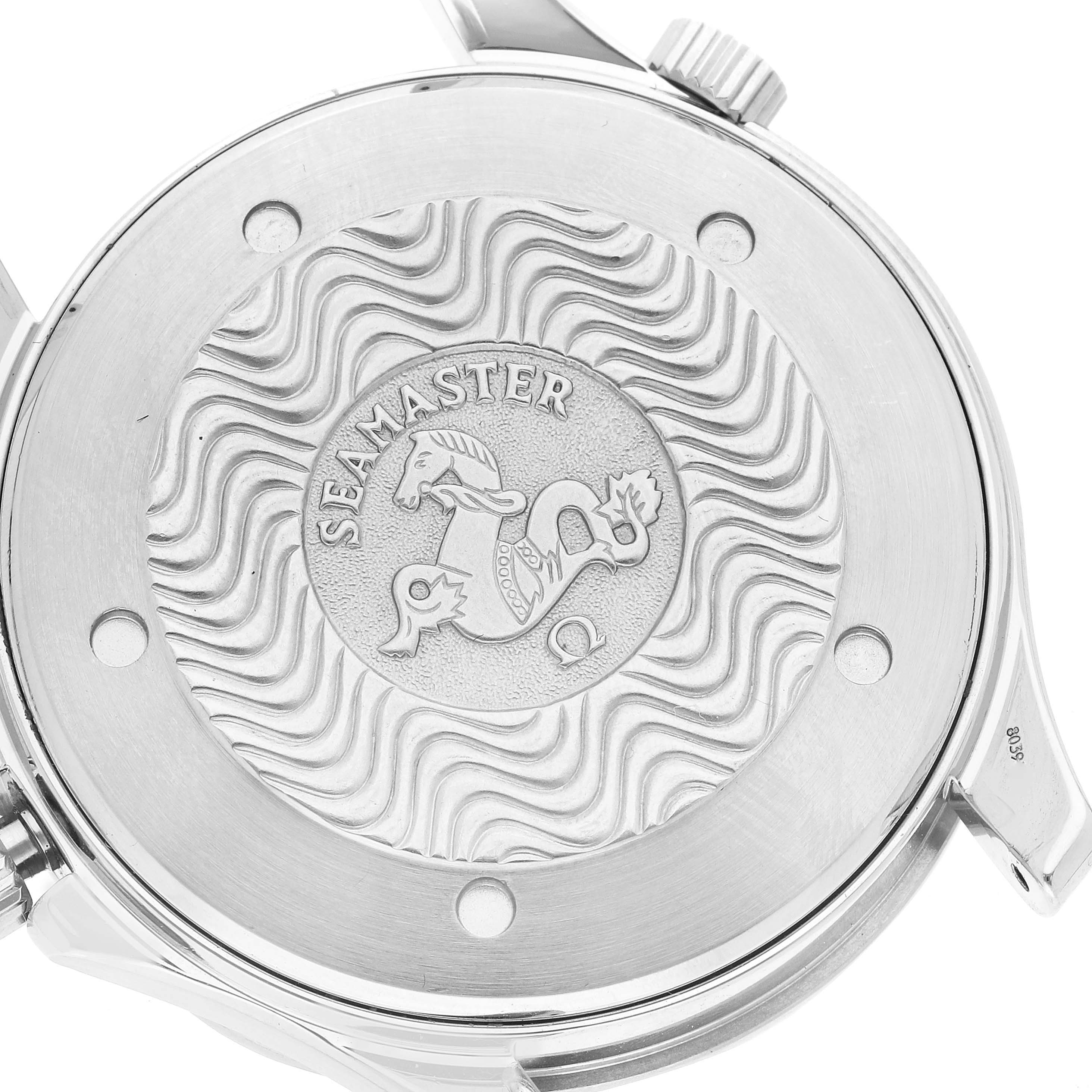 The image shows the case back of an Omega Seamaster 2531.80.00 Men's Stainless Steel Blue Dial 2531.80.00 Men's Stainless Steel Blue Dial watch, featuring the Seamaster logo and wavy pattern.