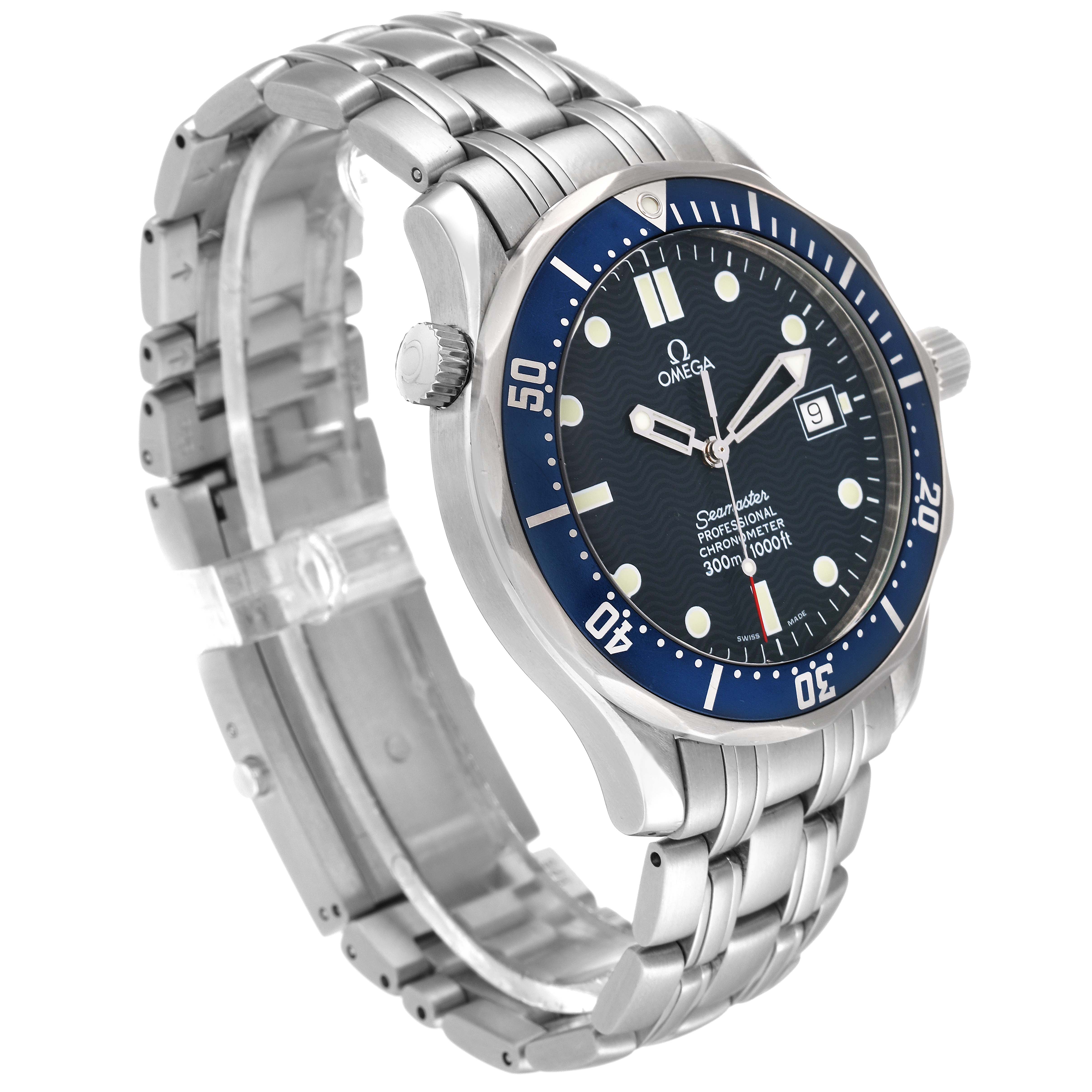 The Omega Seamaster 2531.80.00 Men's Stainless Steel Blue Dial 2531.80.00 Men's Stainless Steel Blue Dial watch is shown at a slight angle, revealing the dial, bezel, case, crown, bracelet, and clasp.