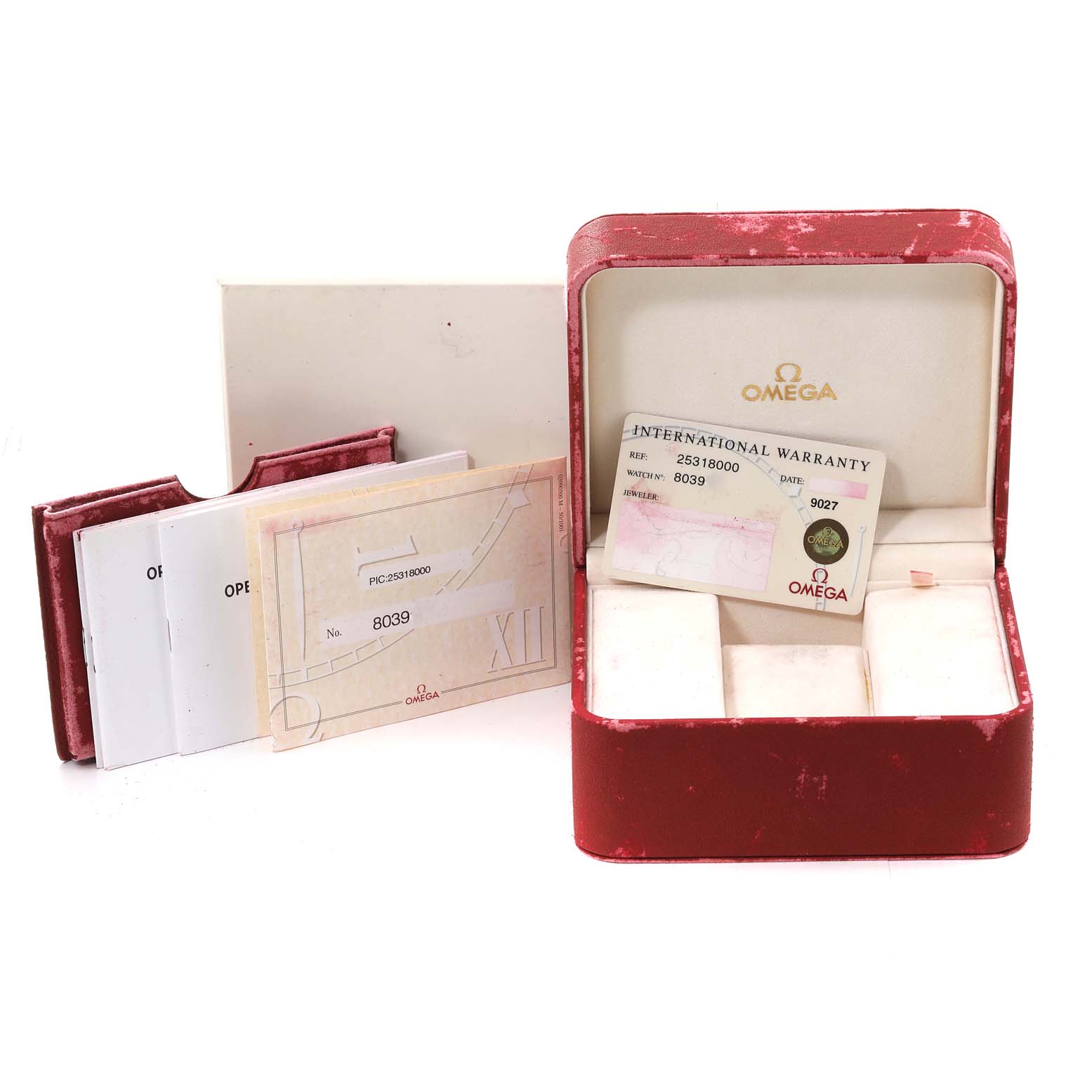 The image shows an Omega Seamaster 2531.80.00 Men's Stainless Steel Blue Dial 2531.80.00 Men's Stainless Steel Blue Dial watch box, international warranty card, and booklet seen from the front.